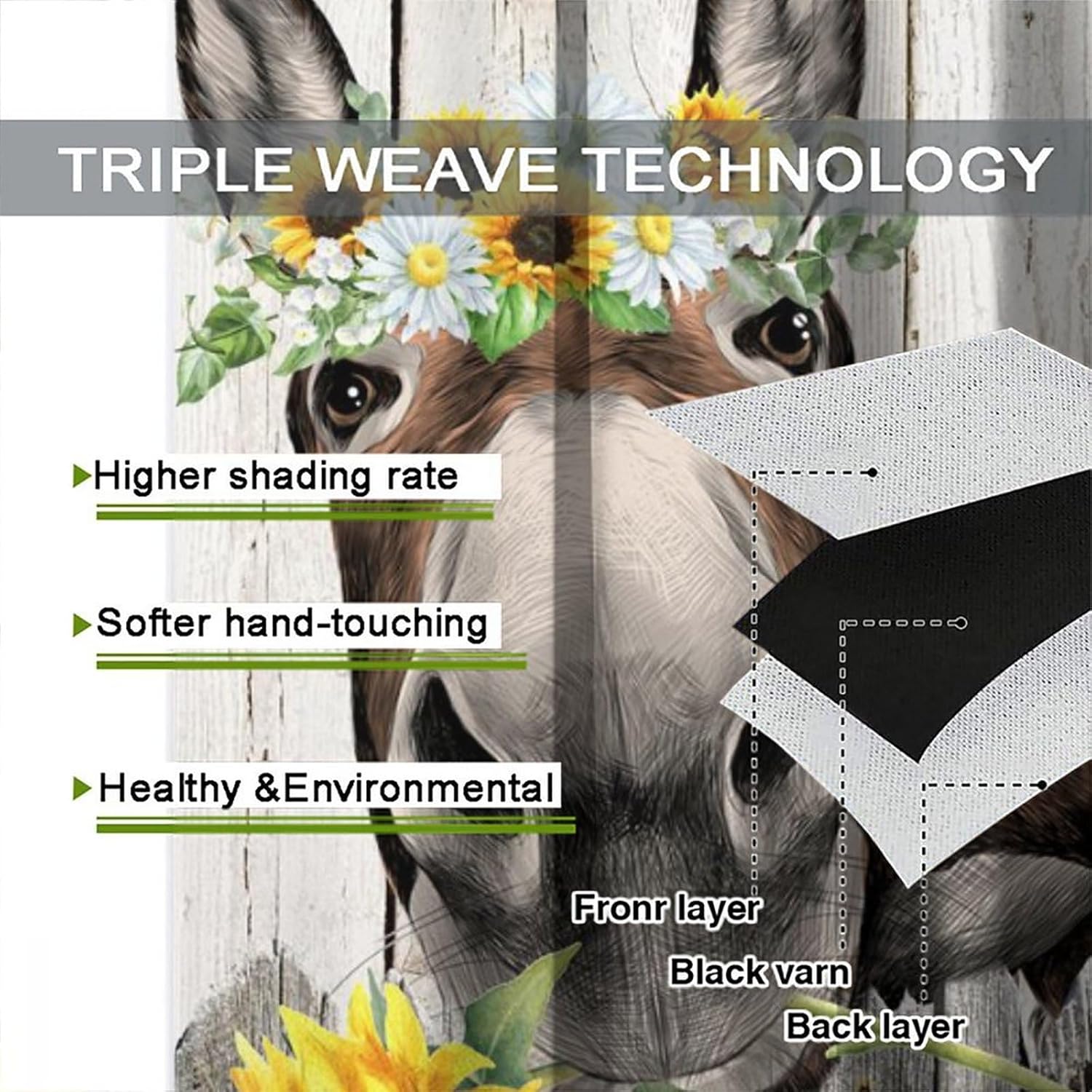 Vintage Farmhouse Donkey Curtains,Funny Cute Donkey Rustic Wooden Board Wheel Floral Sunflower Window Treatments Thermal Insulated Rod Pocket Blackout Drapes for Bedroom 2 Panels 84L x 42W