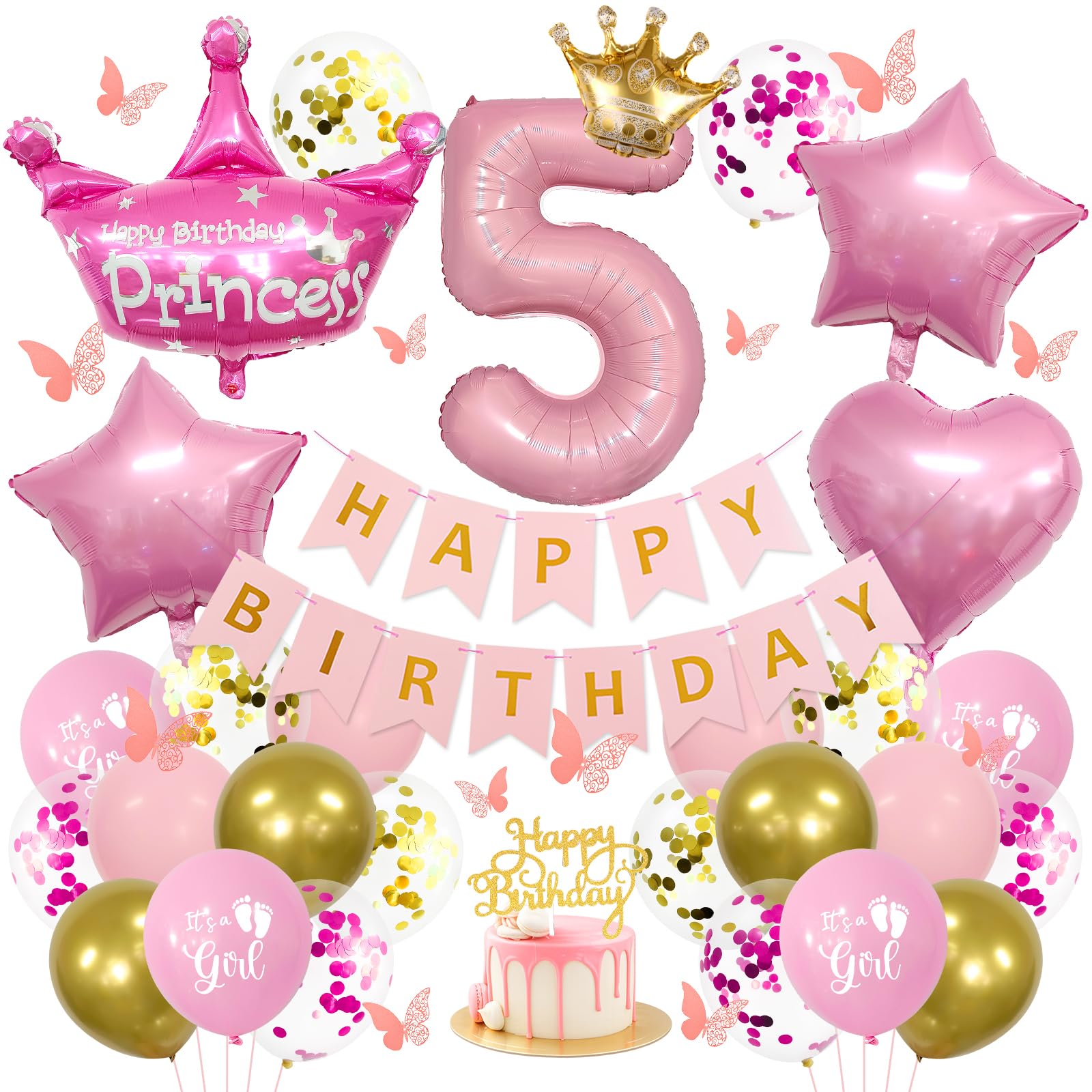 4th Birthday Decorations for Girls - Pink Princess Balloons Set