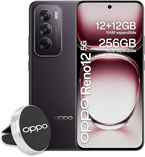 OPPO Reno12 5G AI Smartphone, Tripla fotocamera 50+8+2MP, Selfie 32MP, Display 6.7” 120HZ AMOLED FHD+, 5000mAh, RAM 12GB(Esp4GB/8GB/12GB)+ROM 256GB, Supporto Auto [Versione Italia], Black Brown