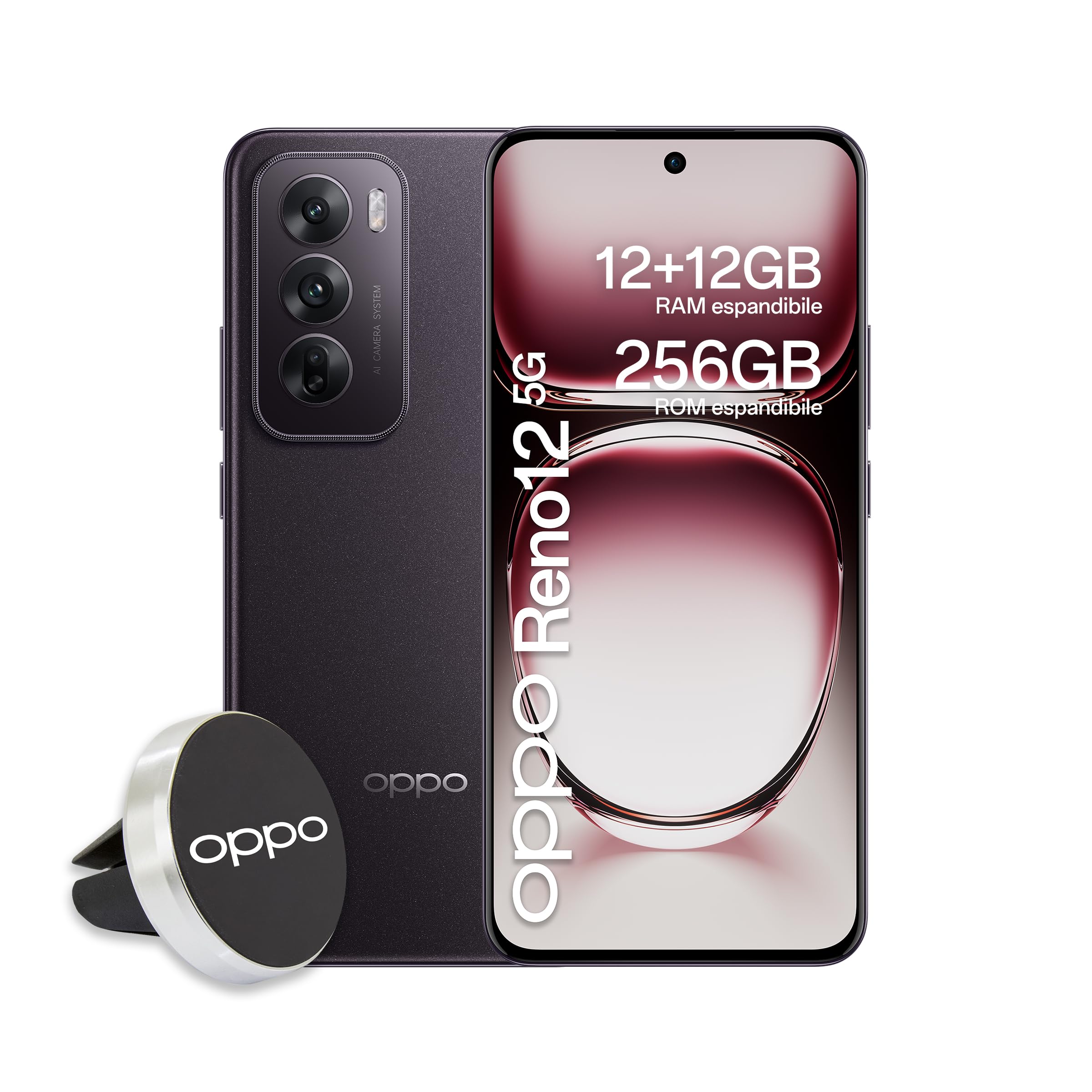 OPPO Reno12 5G AI Smartphone, Tripla fotocamera 50+8+2MP, Selfie 32MP, Display 6.7” 120HZ AMOLED FHD+, 5000mAh, RAM 24GB (12+12) +ROM 256GB, Supporto Auto [Versione Italia], Black Brown