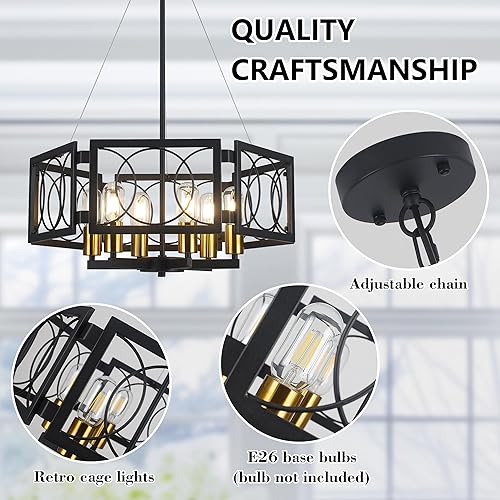 Miniatura 5 de Candelabro moderno de 22.8 pulgadas, lámpara colgante de color negro y dorado, 6 luces, grandes candelabros industriales de metal para comedor, sala