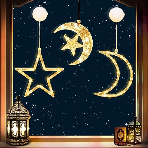Temporizador Decoraciones de Ramadán, luces de ventana de luna y estrella, paquete de 3 decoraciones Eid Mubarak con ventosa, luces LED colgantes de