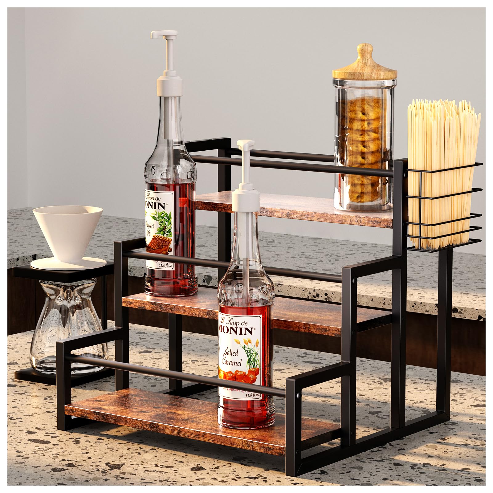 HOYRR Coffee Syrup Organizer,Coffee Syrup Rack 3 Tier,Coffee Syrup Rack,Ironwood Coffee Syrup Holder,12 Bottle Storage Coffee Syrup Stand with Basket,Syrup Holder for Coffee Bar-Single Piece Setâ€¦