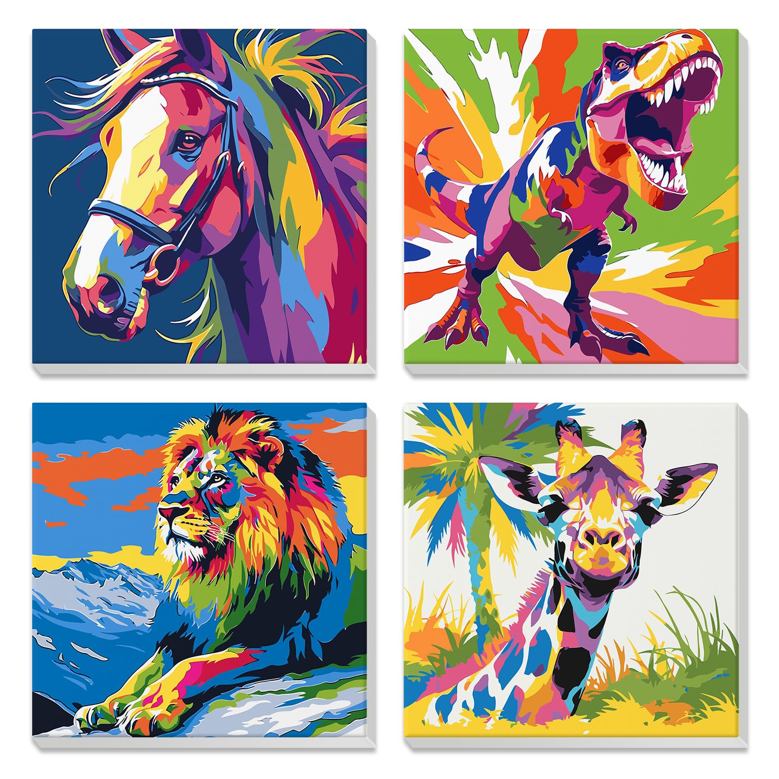 4 Pack Paint by Numbers for Children Framed, Colorful Horse, Dinosaur, Lion, Easy Paint by Number for Kids Ages 4-8-12, Rainbow Animal, DIY Painting by Numbers for Adults for Home Wall Decor 8x8Inch