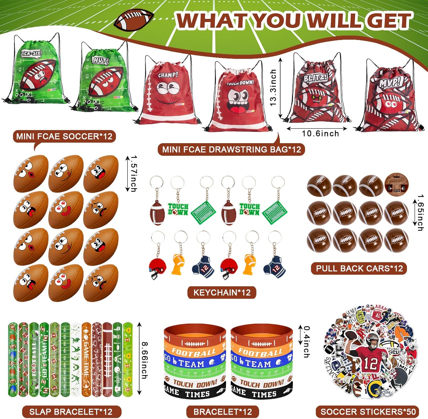 122Pcs Football Party Favors Drawstring Bags Football Goodie Bag with Mini Ball, Wristband, Slap bracelets, Keychains, Pull Back Cars,Stickers for Football Party Supplies - Image 3