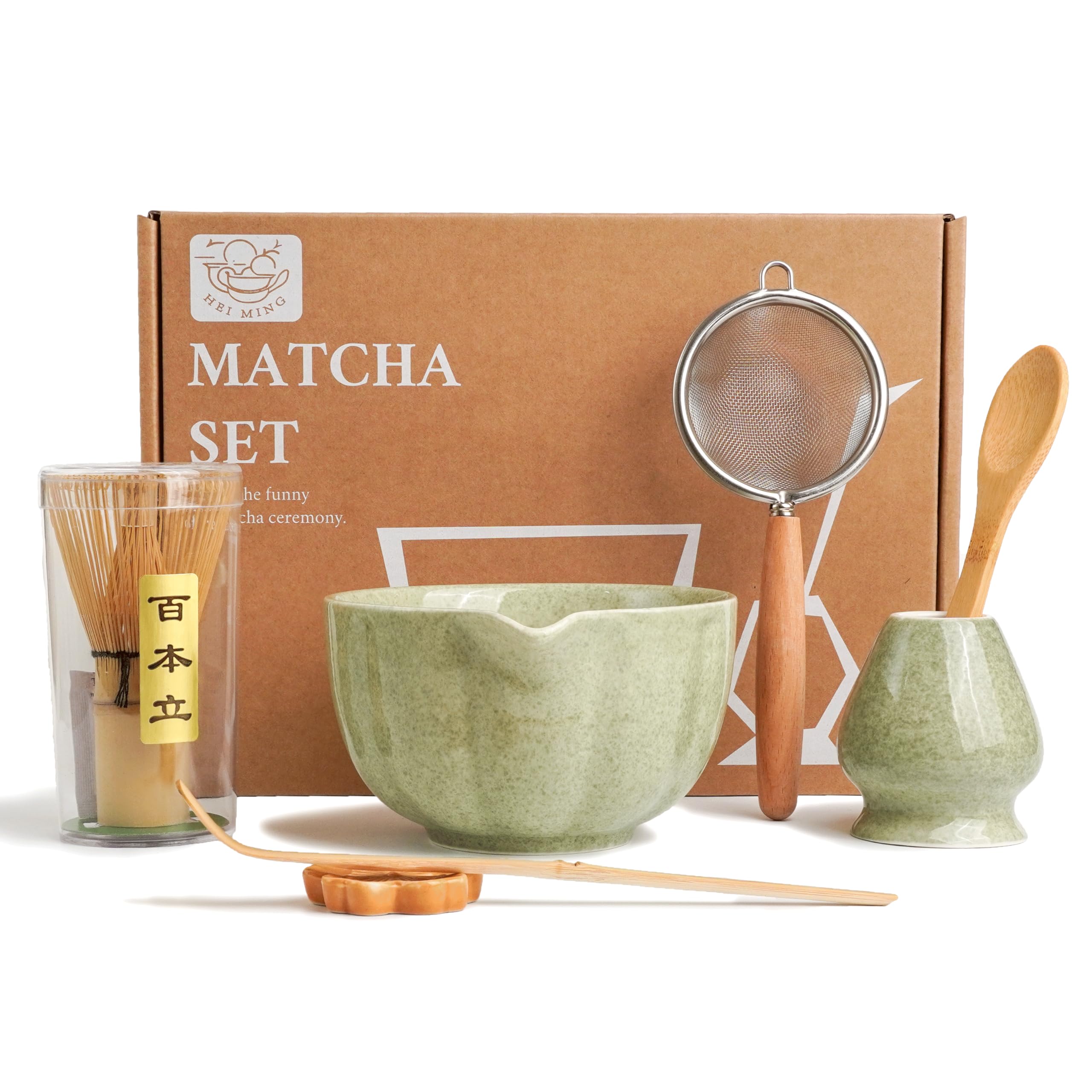 Set Matcha Premium 7 Pièces – Ensemble Exclusif pour Cérémonie du thé avec Chasen en Bambou (fouet), Bol en Céramique Rose, Cuillère et Accessoires