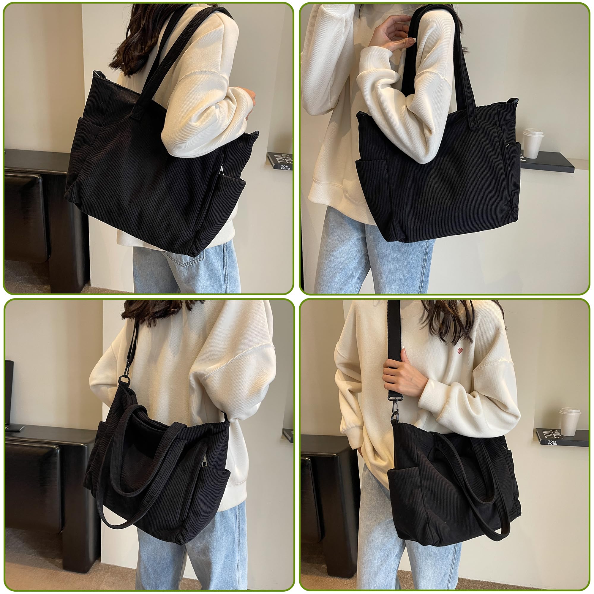Makukke Corduroy Totes Bag Women - Shoulder Hobo Bag Handbags Crossbody Bag Big Capacity Shopping Purses (01-Black)