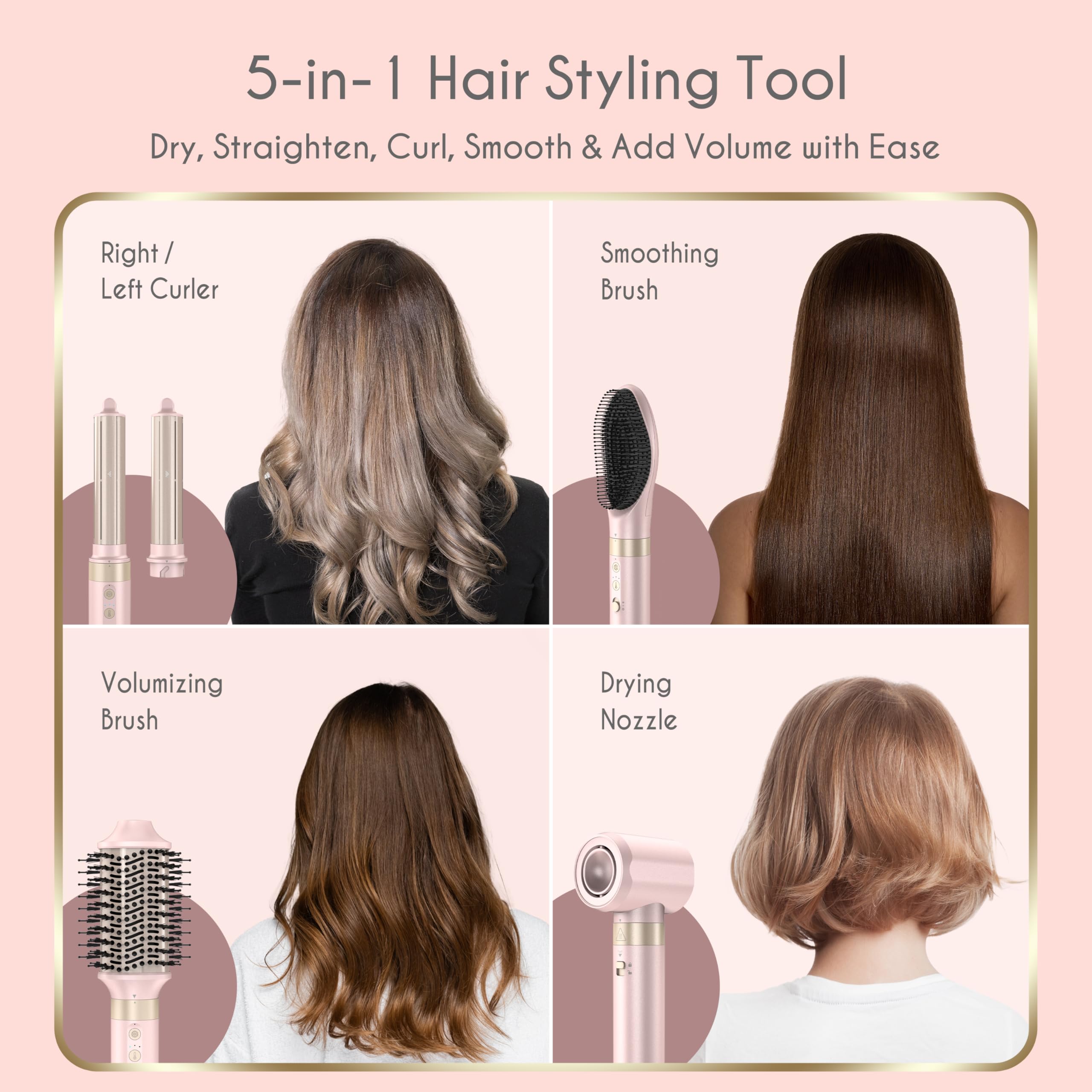 5 in 1 Ionic Hot Air Styler, 1400W Powerful Hair Dryer Brush, Auto-Wrap Curlers, Paddle Brush for Fast Drying, Volumizing with Travel & Storage Bag Compatible with Dyson Airwrap