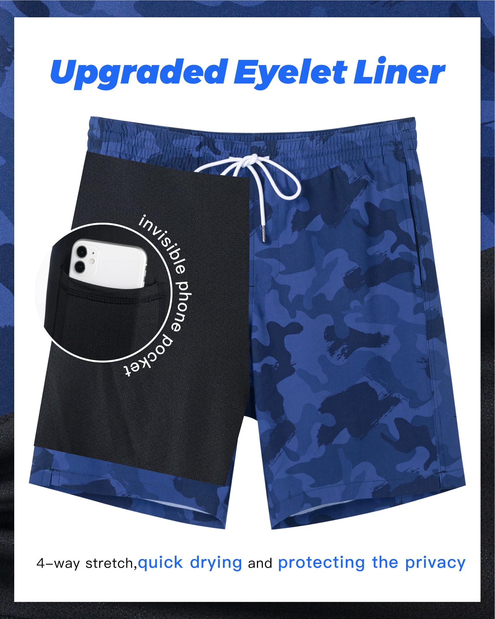 SURF CUZ Mens Swim Trunks with Compression Liner Swimming Shorts 2 in 1 Stretch Quick Dry Zipper Pockets, Dark Blue Camouflage|S - Image 4 thumbnail