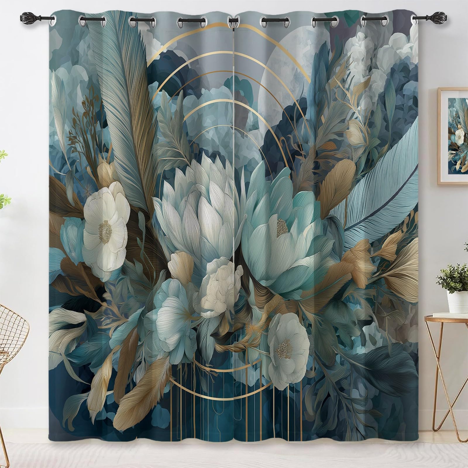 Zasłony izolacyjne 110 L x 215H cm (2 panele), minimalistyczny i wykwintny design z piórami, nieprzezroczyste wiszące przed ciepłem do głównej sypialni, niebiesko-zielone