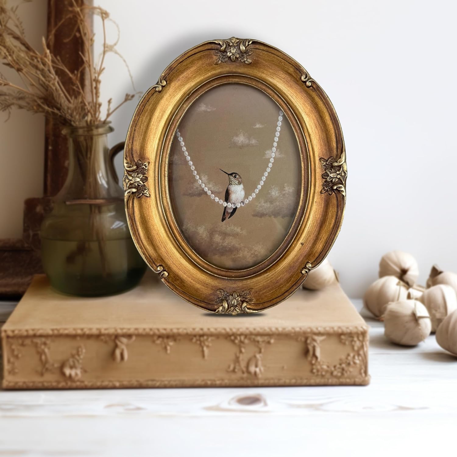 5x7 Vintage Bronze Oval Picture Frame - Glass Front Art Deco Photo Frame - Antique Gold Tabletop or Wall Hanging Frame
