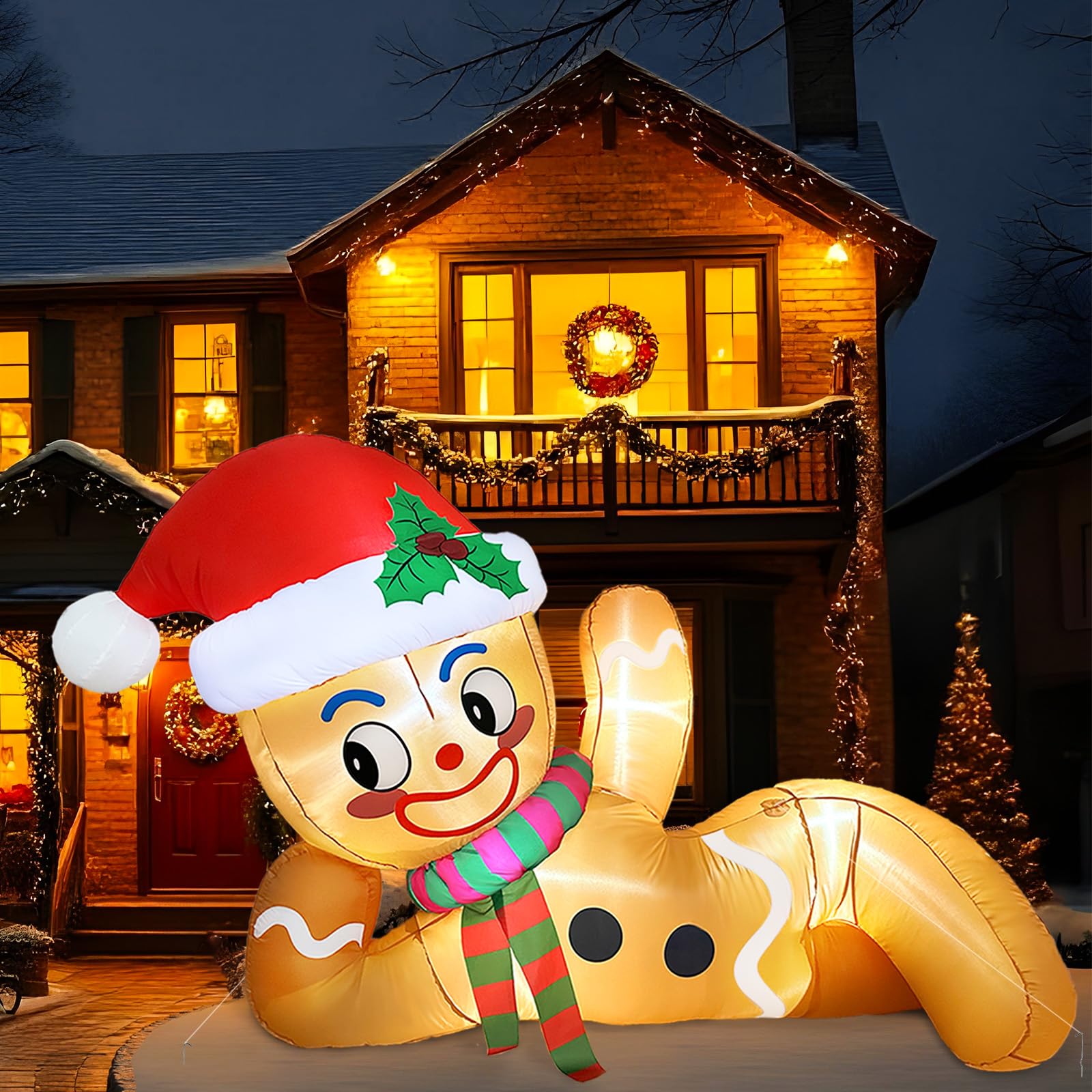 300 cm Aufblasbare Weihnachtsdeko Außen, liegender Weihnachtsdeko Aufblasbar Aussen Lebkuchenmann mit Integrierten LED Lichtern, Weihnachten Aufblasbar für Garten Rasen Hof Party Deko
