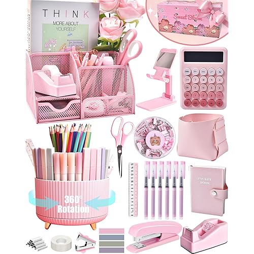 Pink Desk Organizers and Accessories With Mesh Desk Organizer and 360°Rotating Pen Holder and a Lot of Office Pink Office Supplies Beautifully Presented in a Gift Box
