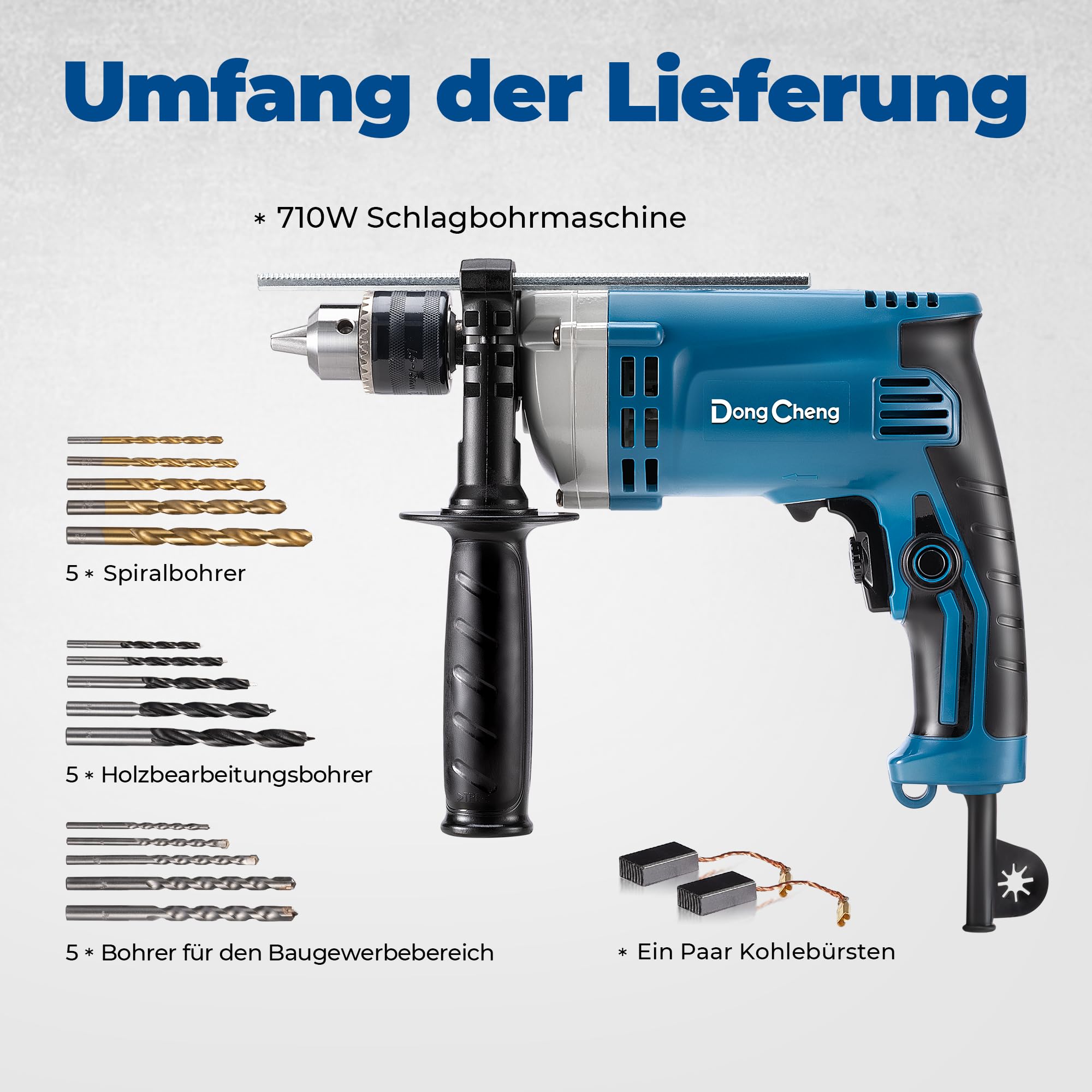 DongCheng Schlagbohrmaschine 710W, 2-in-1 Schlagbohrer, 13mm Bohrfutter, 45,000 IPM, 3000 RPM, 360 ° drehbarer Griff, mit 15 Stück Bohrkronen für Metall, Holz und Ziegelmauer
