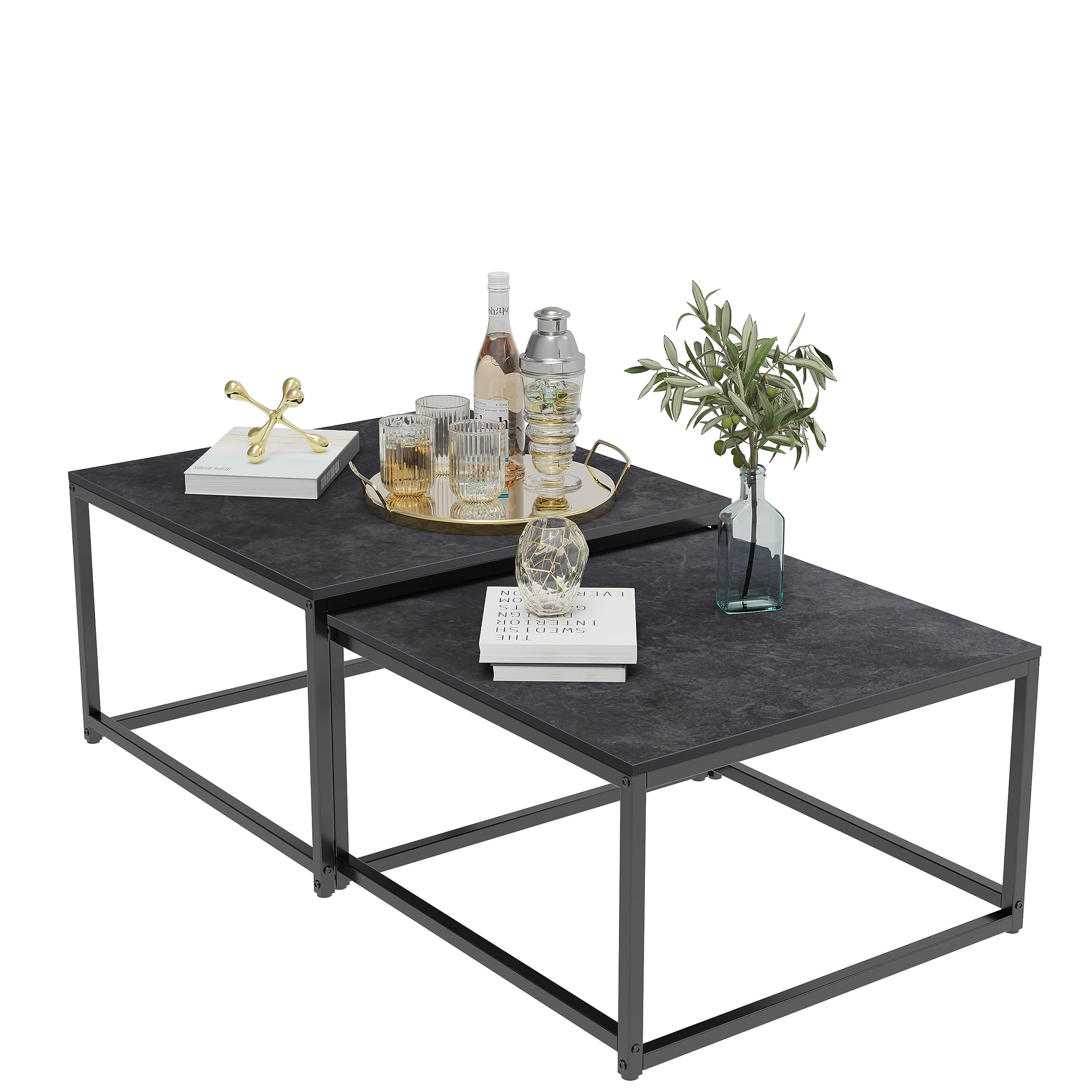 FATIVO Mesa Nido de Centro de Mármol: Mesa de Café Cuadrada Nórdica de Piedra Sinterizada y Metal para Salón Sofá Hogar Oficina, Antracita