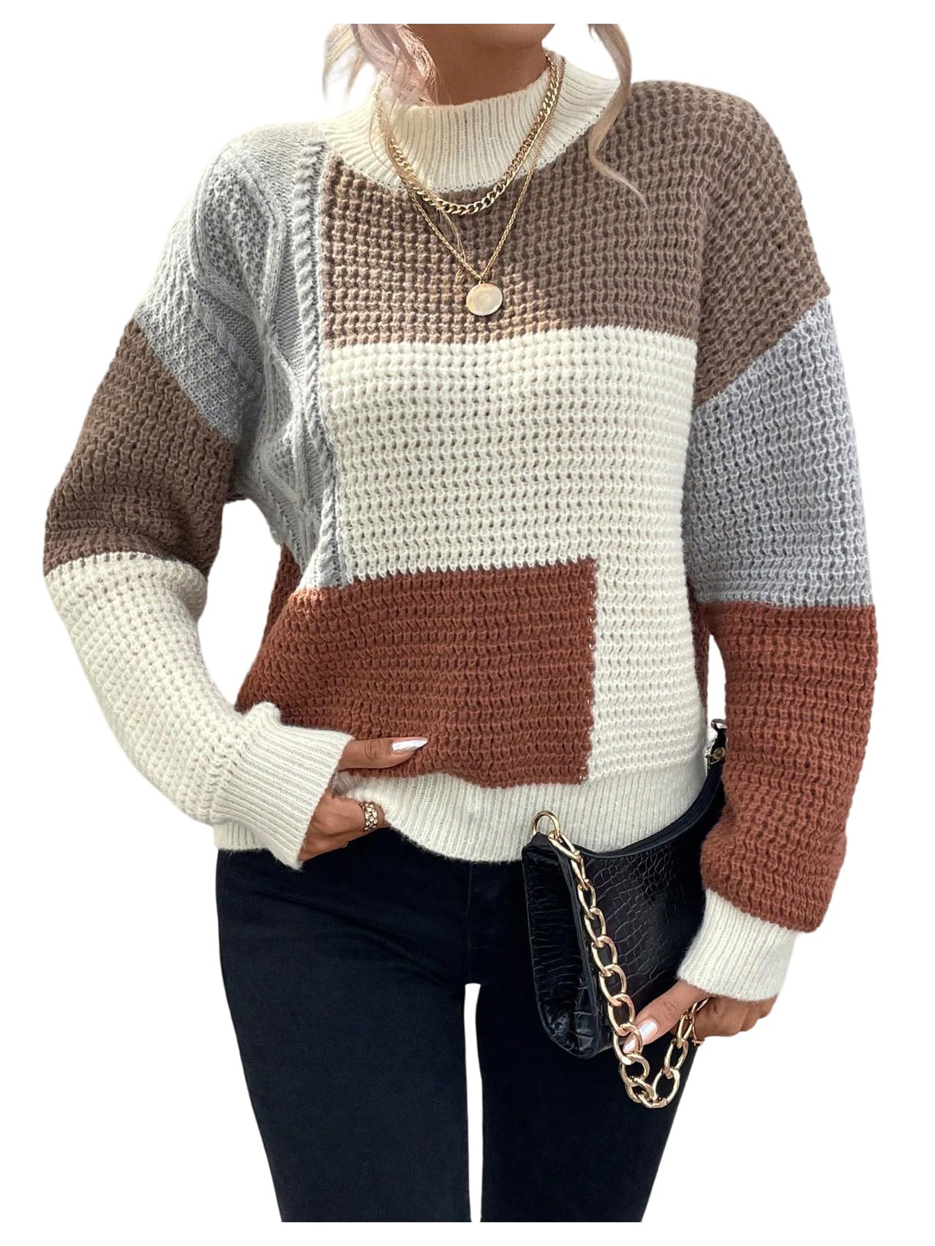 SHENHE Womens Color Block Sweater Mock Neck Long Sleeve Fall Chunky Knit Sweater Pullover