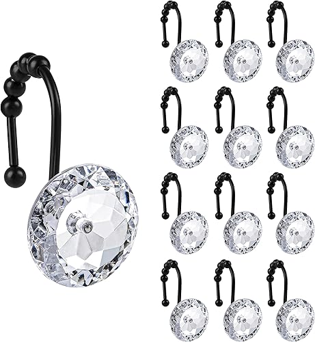 Miniatura 6 de Sunlit Luxury Design Round Teal Diamond Crystal Gem Bling with Glide Balls Shower Curtain Hooks for Mermaid Shower Curtains, Rust Proof Metal