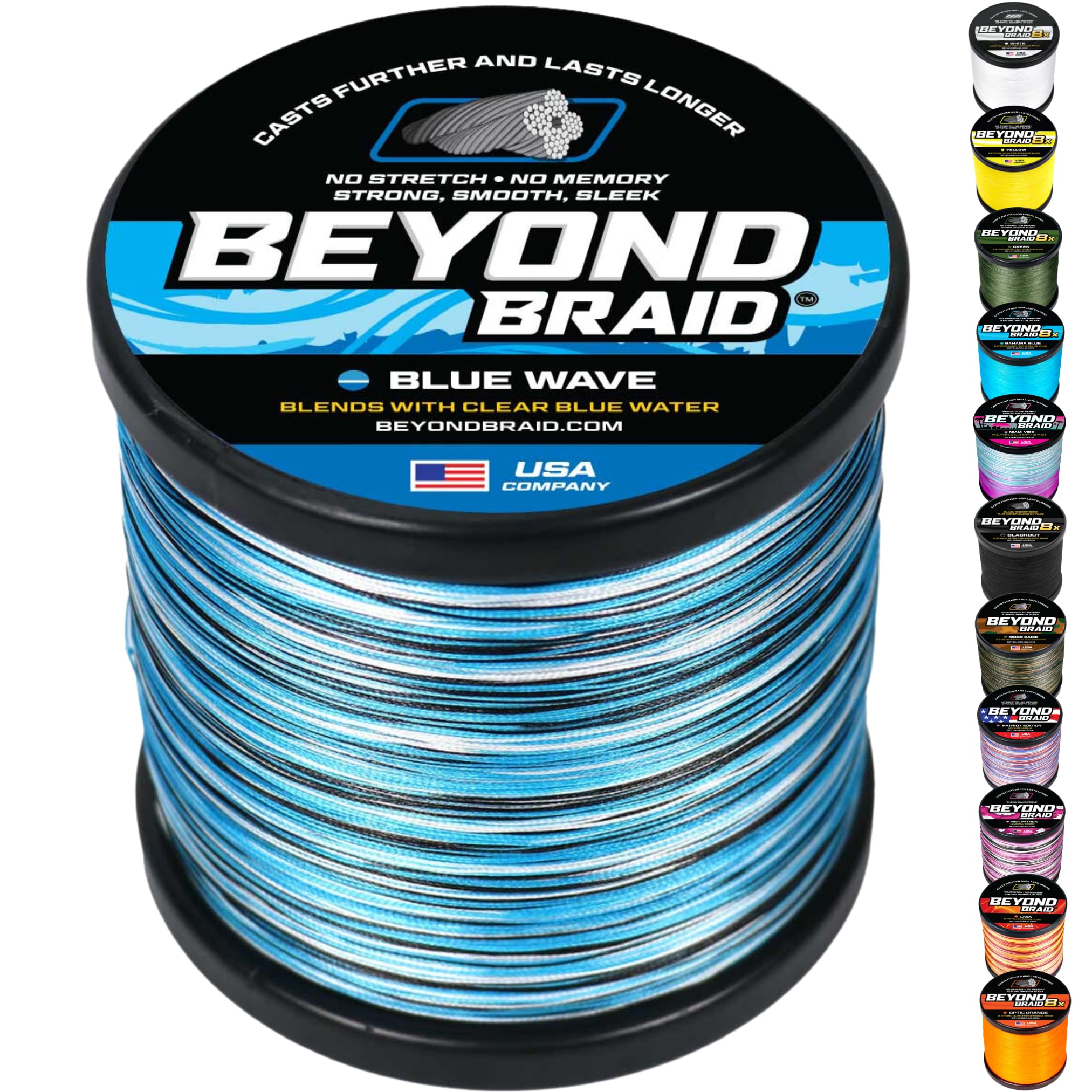 Beyond Braid Braided Fishing Line -Super Strong - Abrasion Resistant - No Stretch -Blue Camo, Moss Camo, White, Green, Pink, Blue, 4 Strand 8 Strand