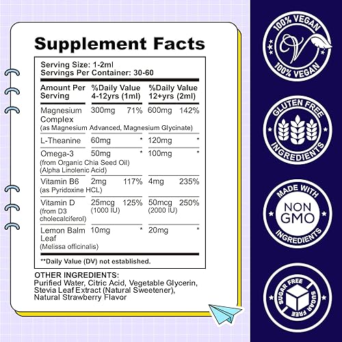 Miniatura 4 de Gotas líquidas de magnesio para niños, suplemento de glicinato de magnesio para niños, con L-teanina, omega-3, vitamina B6, D3, para dormir,