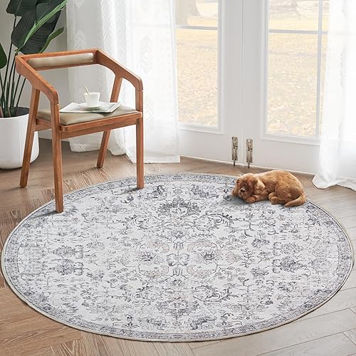 jinchan Round Rug 6ft Washable Rug Area Rug Vintage Rug Indoor Thin Rug Retro Accent Rug Distressed Carpet Grey Floral Circle Rug 6' Round Boho Rug Non Slip Kitchen Bedroom Living Room Dining Room