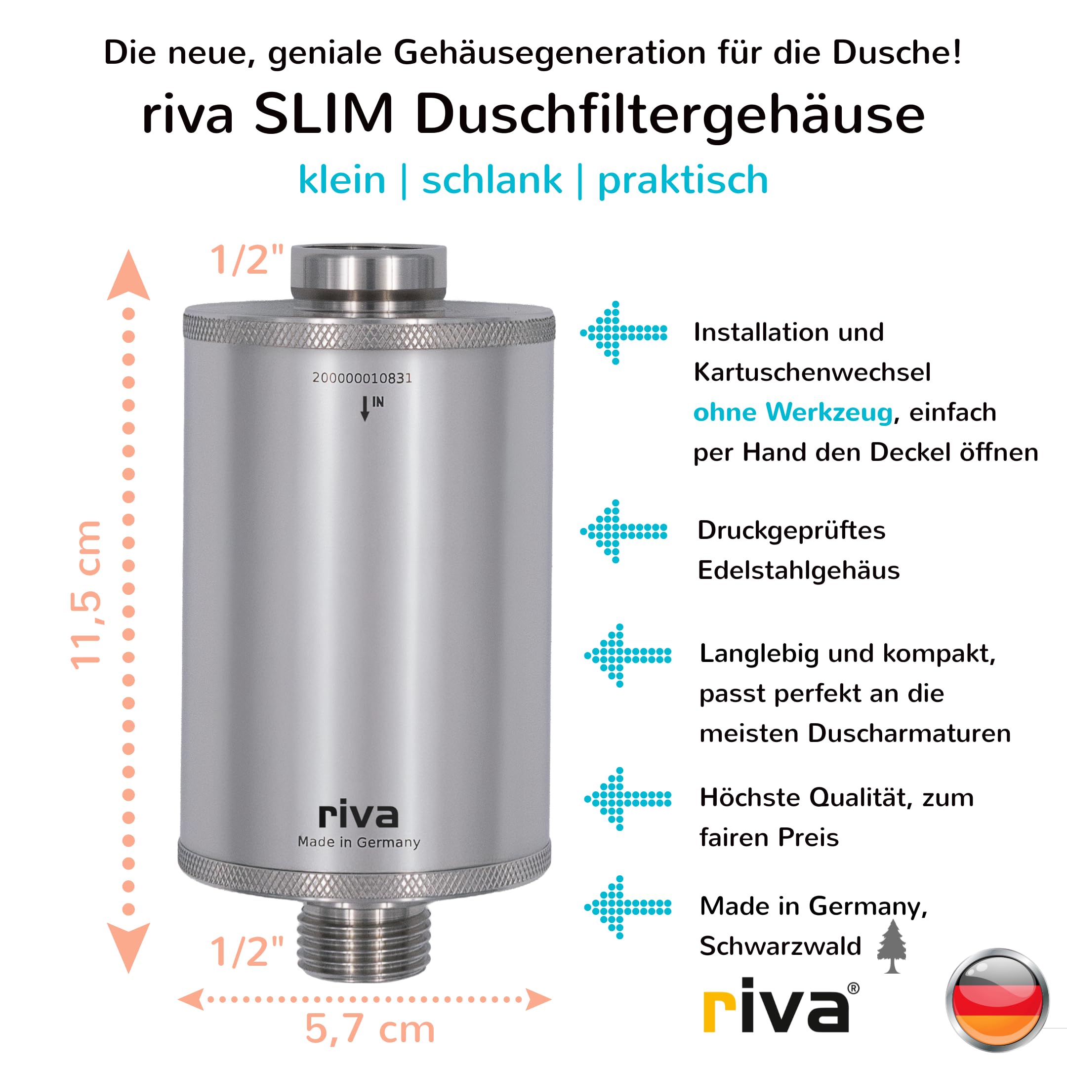 rivaALVA Skin & Hair EM SLIM Edelstahl Duschfilter - Wasserfilter mit Blockaktivkohle und EM-Keramik - Filterung von Schwermetallen, Chlor