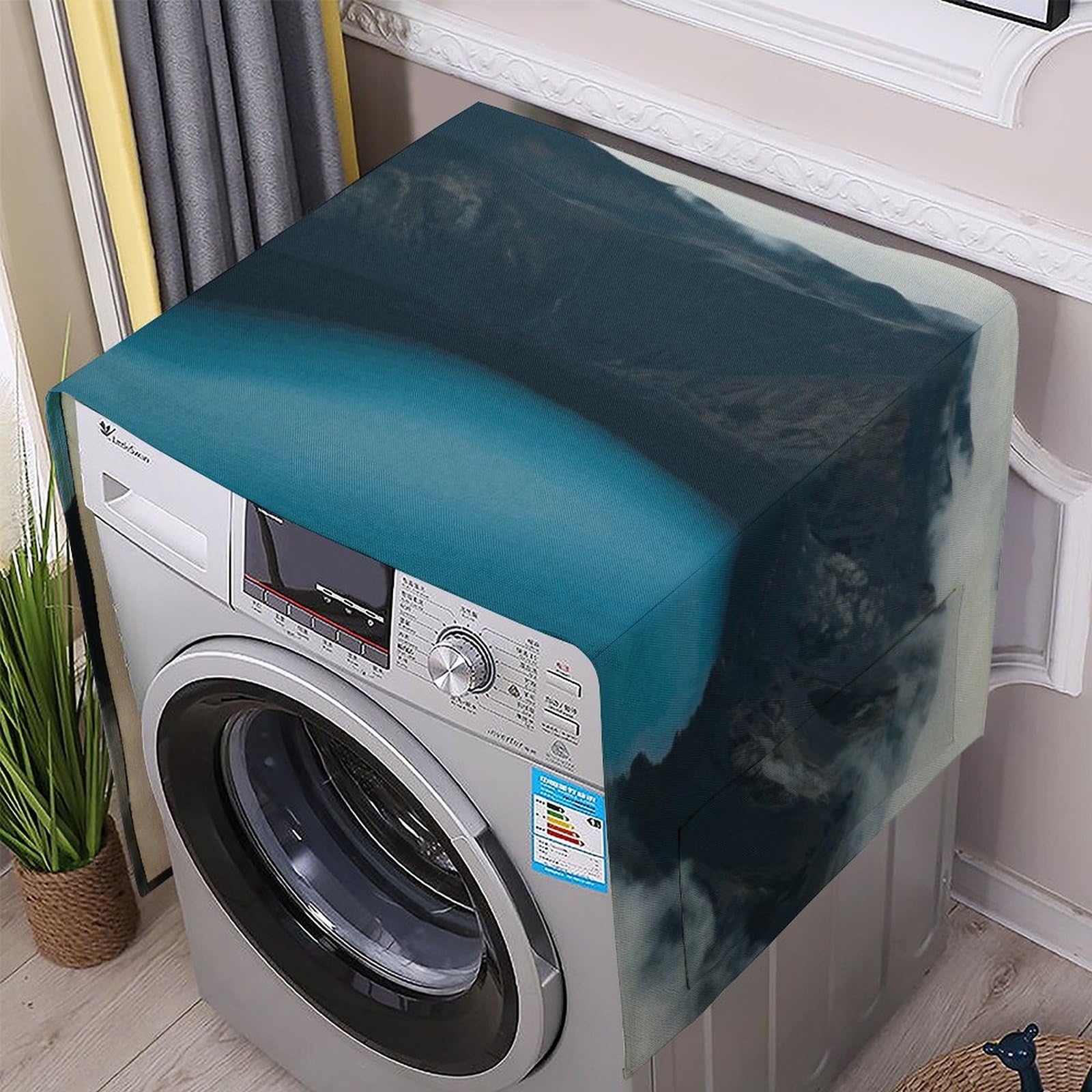 Fodpand White Washing Machine Cover For Top Load Dustproof Volcanic Crater Lake Washer And Dryer Cover With Storage Pockets Household Appliance Covers Washable Top Protector Mat Pad For Laundry & Kitchen