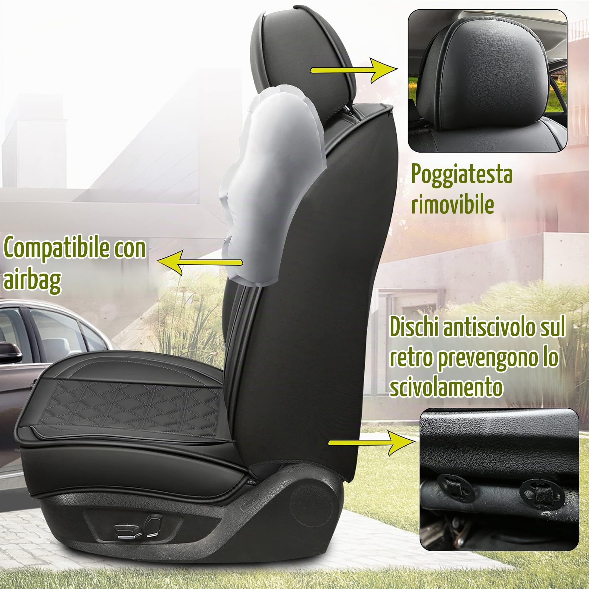 Coprisedili Auto In Pelle Set Completo, Coprisedili Auto In Pelle Universale,Coprisedili Auto Per La Maggior Parte Delle Berline, Suv (Set Di 5 Pezzi) (Nero, Set Completo)