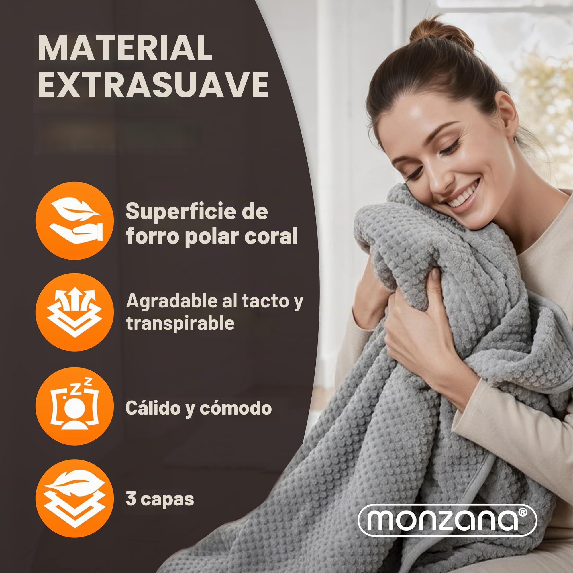 Monzana Manta Eléctrica Grande Térmica 160x140cm Calientacamas Sofa Colchón 2x60W Forro Polar Gris Lavable