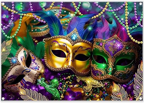 Miniatura 1 de ZTHMOE Máscaras de Mardi Gras de poliéster de 7 x 5 pies, telón de fondo, carnaval, fiesta, mascarada, morado, verde, dorado, cuentas, plumas, fondo