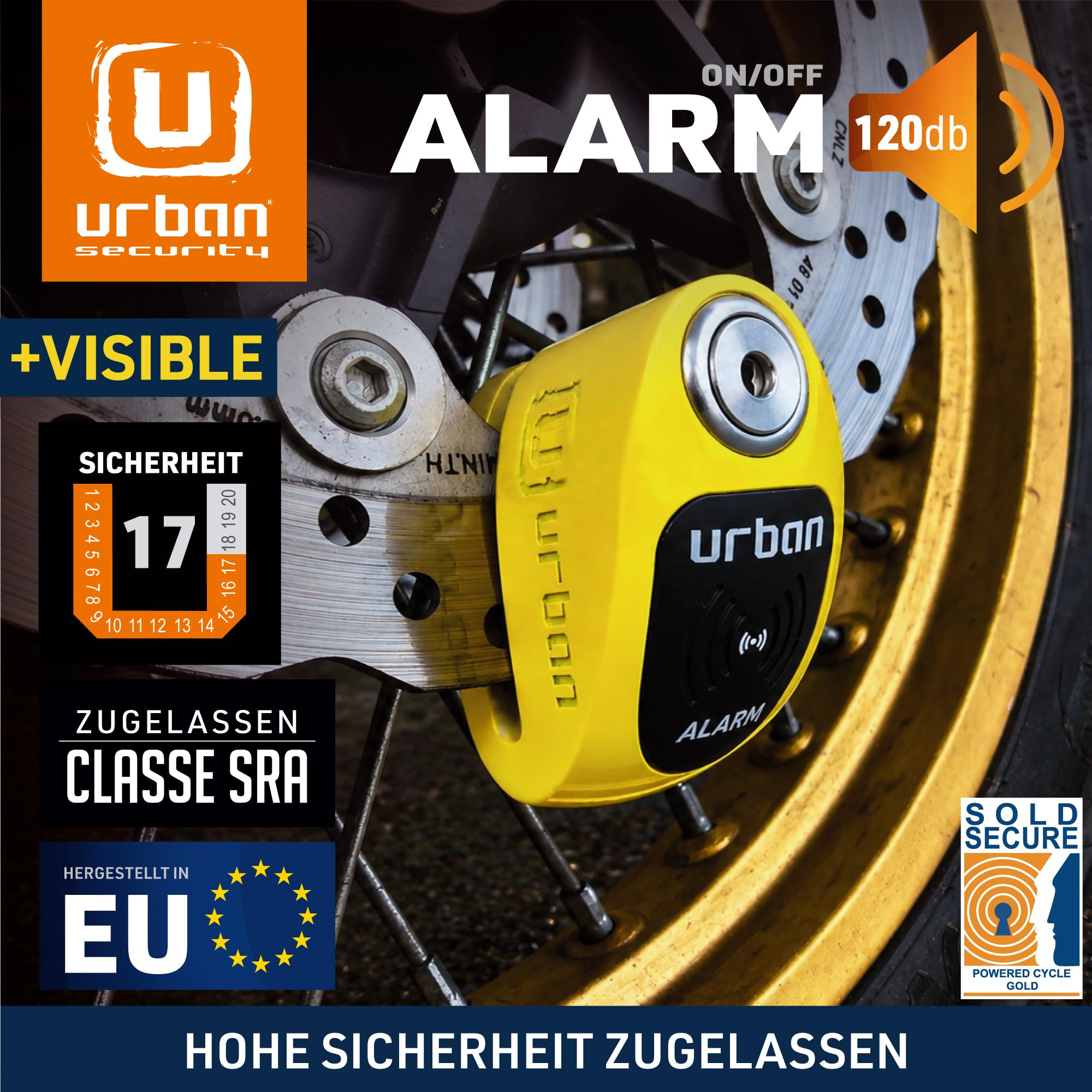 URBAN UR910Y Bremsscheibenschloss mit Alarm 120dB ON/OFF, Gelb+Schwarz Edelstahl lackiert +Abschreckend, SRA & Sold Secure Gold Zertifiziert, Doppelverriegelung Ø10 mm, Motorrad Schloss für Scooter