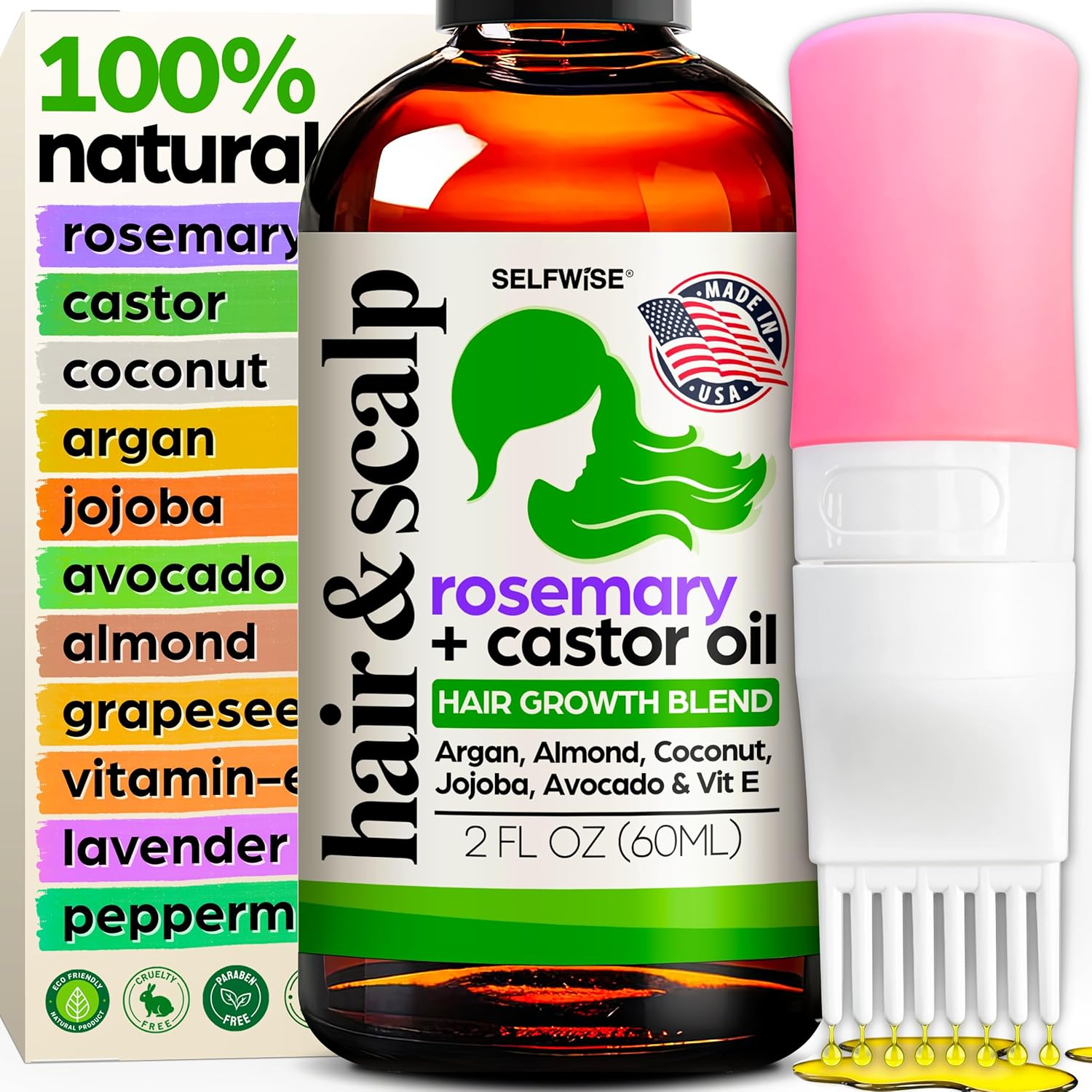 Organic Rosemary Oil For Hair Growth + Applicator with Castor, Argan, Coconut, Almond, Jojoba, Avocado, Vitamin E & Peppermint for Hair & Scalp Treatment, All Hair Types, Men & Women 2oz