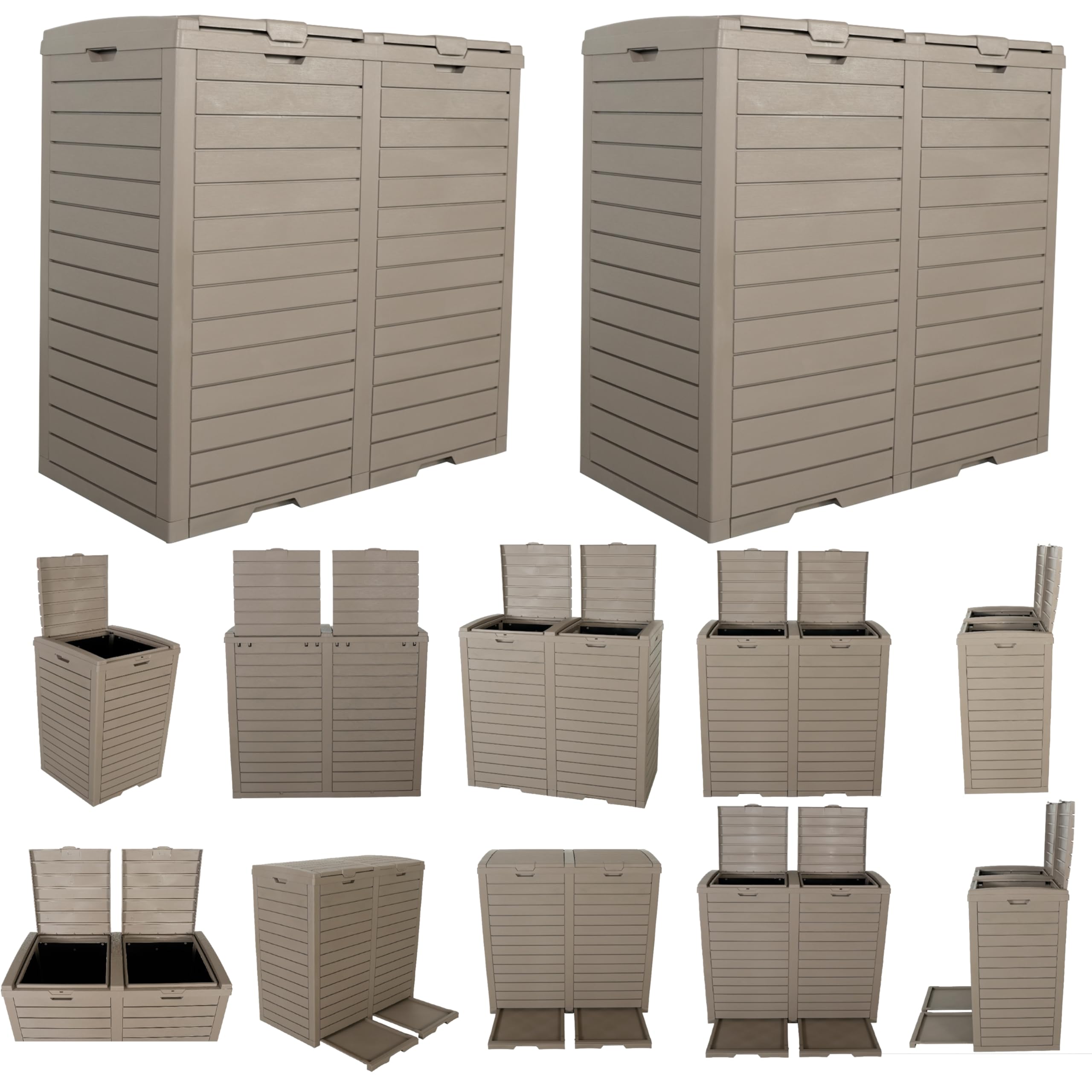 BTEXPERT Set of 2, 62 Gallon Outdoor Garbage Trash Can, Waterproof Resin Double Lid Drip Tray, Outside Trash Bin for Hideaway Patio Waste, Kitchen, Backyard, Deck, Pool Gray