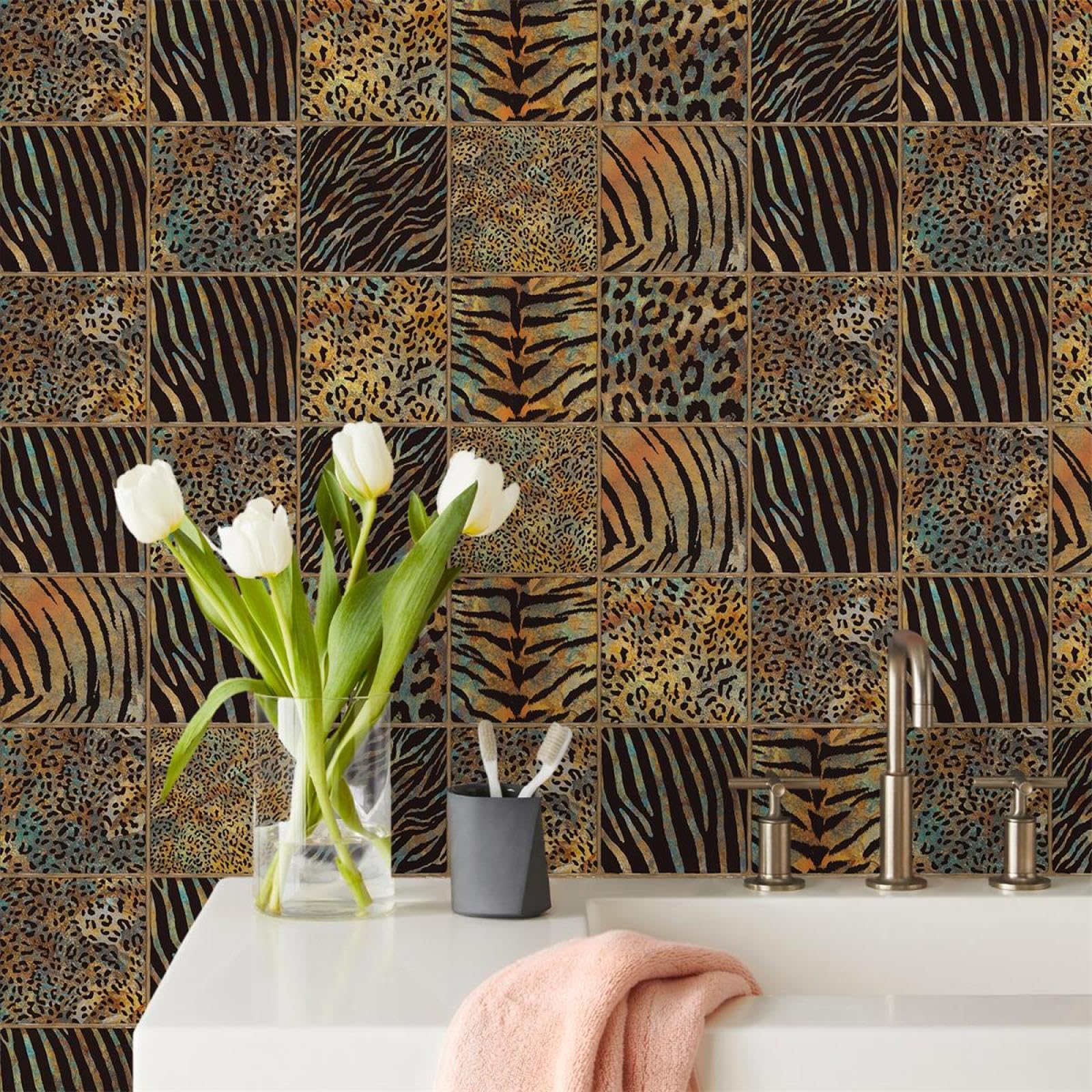 LMYSXAOZ Stick on Tiles Zebra Pattern Brown Tile Stickers PVC Self Adhesive Wall Heat Resistant Peel and Floor Kitchen Bathroom 15x15cm/10 Pcs