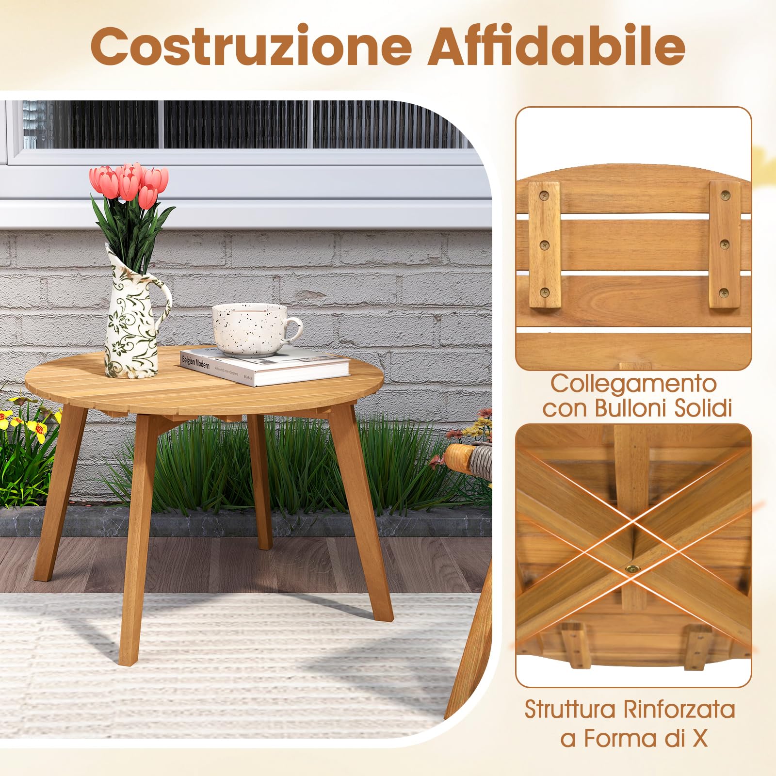 COSTWAY Tavolino da Esterno Rotondo 62 cm, in Legno Massello, Tavolino Laterale Basso da Giardino, Piccolo Tavolo da Caffè per Interno, Balcone, Terrazza e Patio, Montaggio Semplice