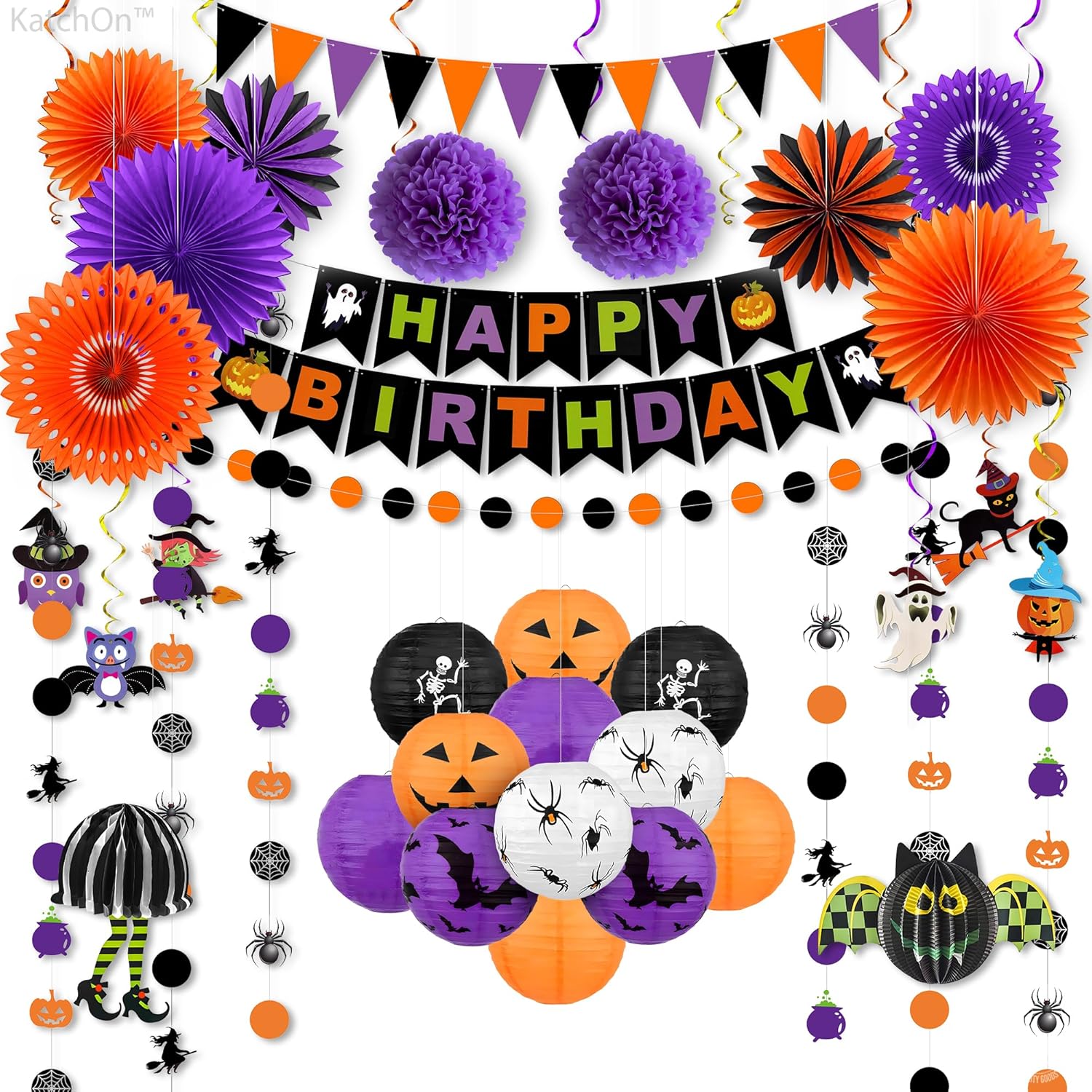 KatchOn, Halloween Hanging Paper Lanterns Set - Pack of 15 | Halloween Birthday Party Decorations Set - Pack of 31 | Happy Brithday decorations