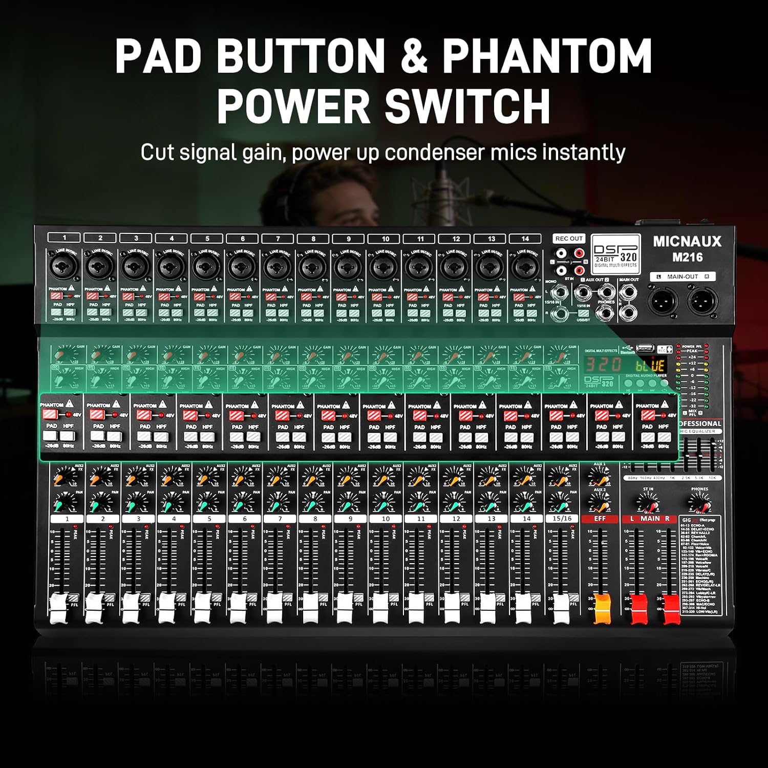 Audio Mixer 16 Channel Professional Sound Console Music Mixer with 320 DSP Effects, 7-band EQ DJ Mixing Board w/USB, Bluetooth, 48V Power Supply, PAD Button for Recording Karaoke PA Drum Live