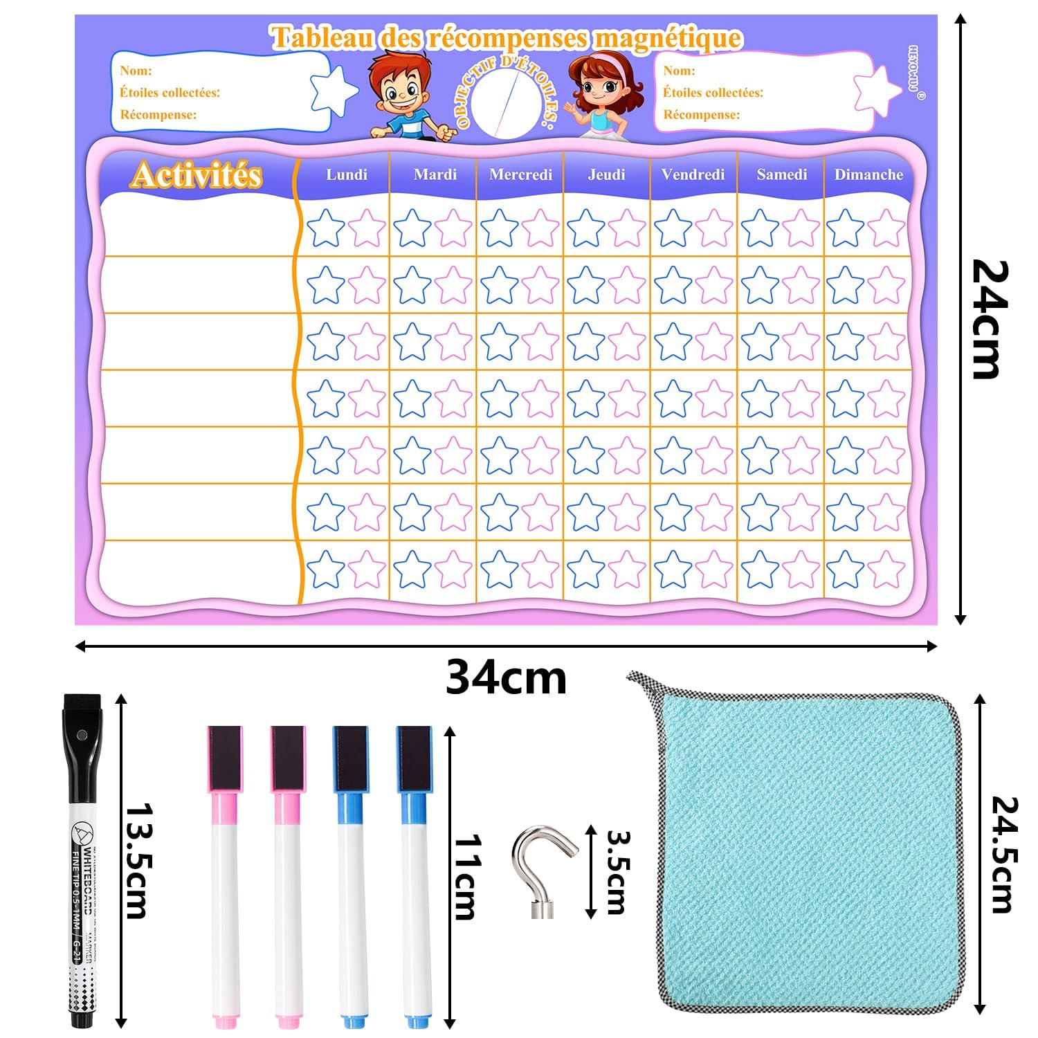 Tableau de Récompense Magnétique Enfant, Comportement et Routine Semainier Avec 5 Stylos - Pour Garçons et Filles, 34 X 24 cm, Français