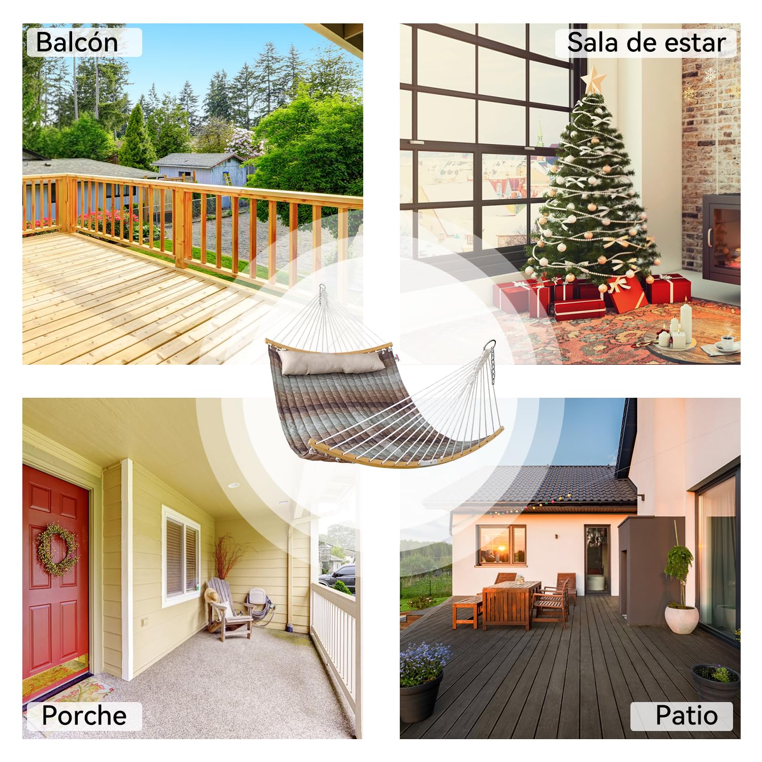 Hamaca Doble, 335 cm, Hamaca Exterior para 2 Personas con Almohada, Barra Separadora Curva Plegable, Cadenas, Bolsa de Transporte, para Interiores y Exteriores, Carga 204 Kg, Verde Agua