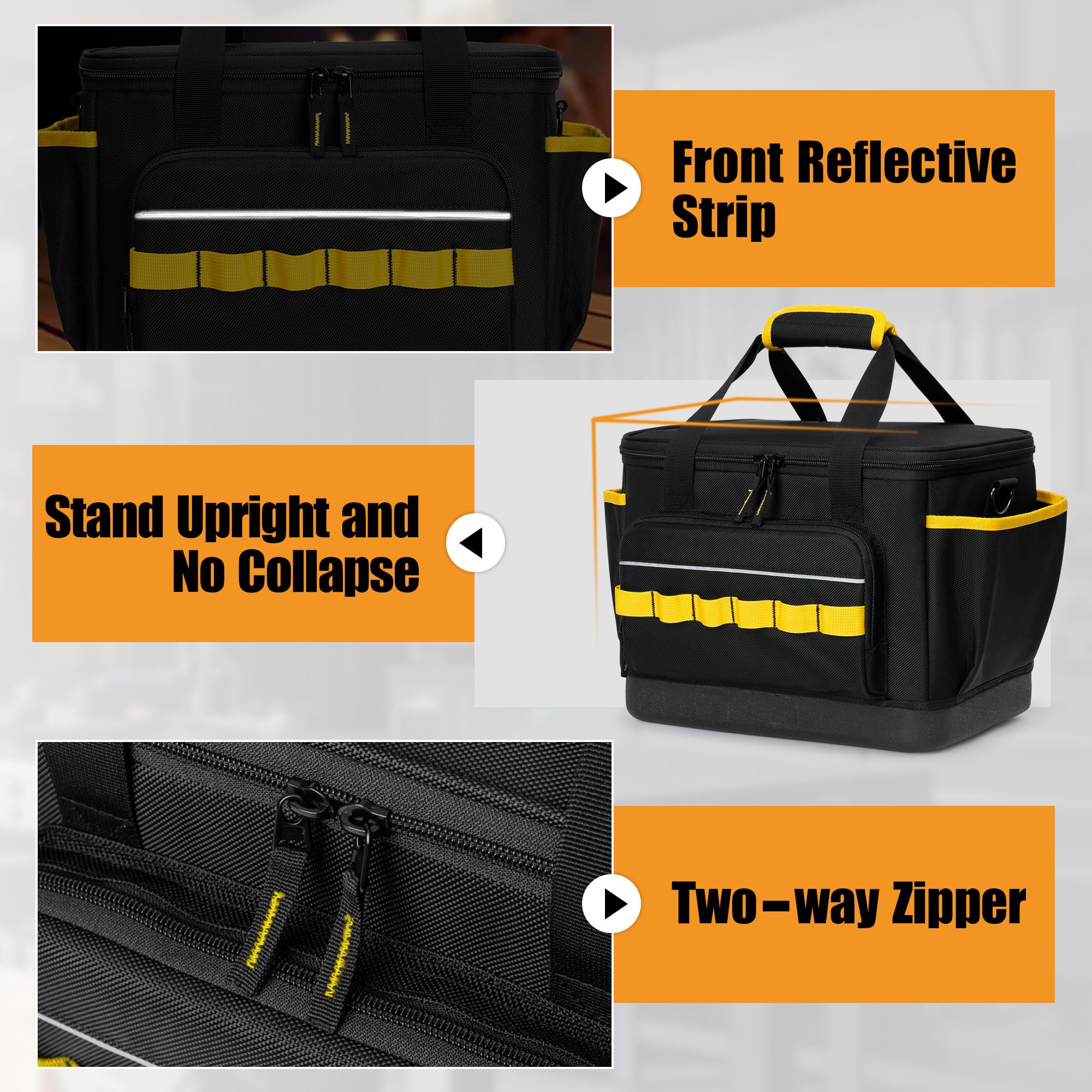 Rexmica 32cm Sac à Outils pour Hommes, avec Base Rigide en EVA/Bandoulière | Organiseur d'Outils Multifonction pour Électriciens, Plombiers, Mécaniciens et Usage Automobile, Noir/Jaune