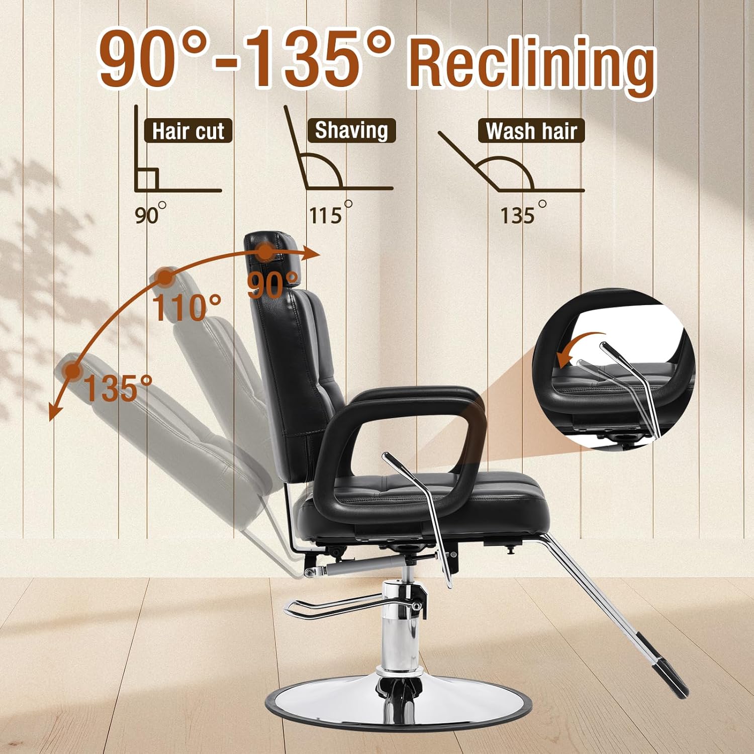Barber Reclining Chair with Headrest - Heavy Duty Hydraulic Pump Height Adjustable,360°Swivel ,Max Load Weight 440 Lbs,Beauty Salon Spa,Barbershop,Hairdresser Cutting,Styling Stylist,Braiding,Black