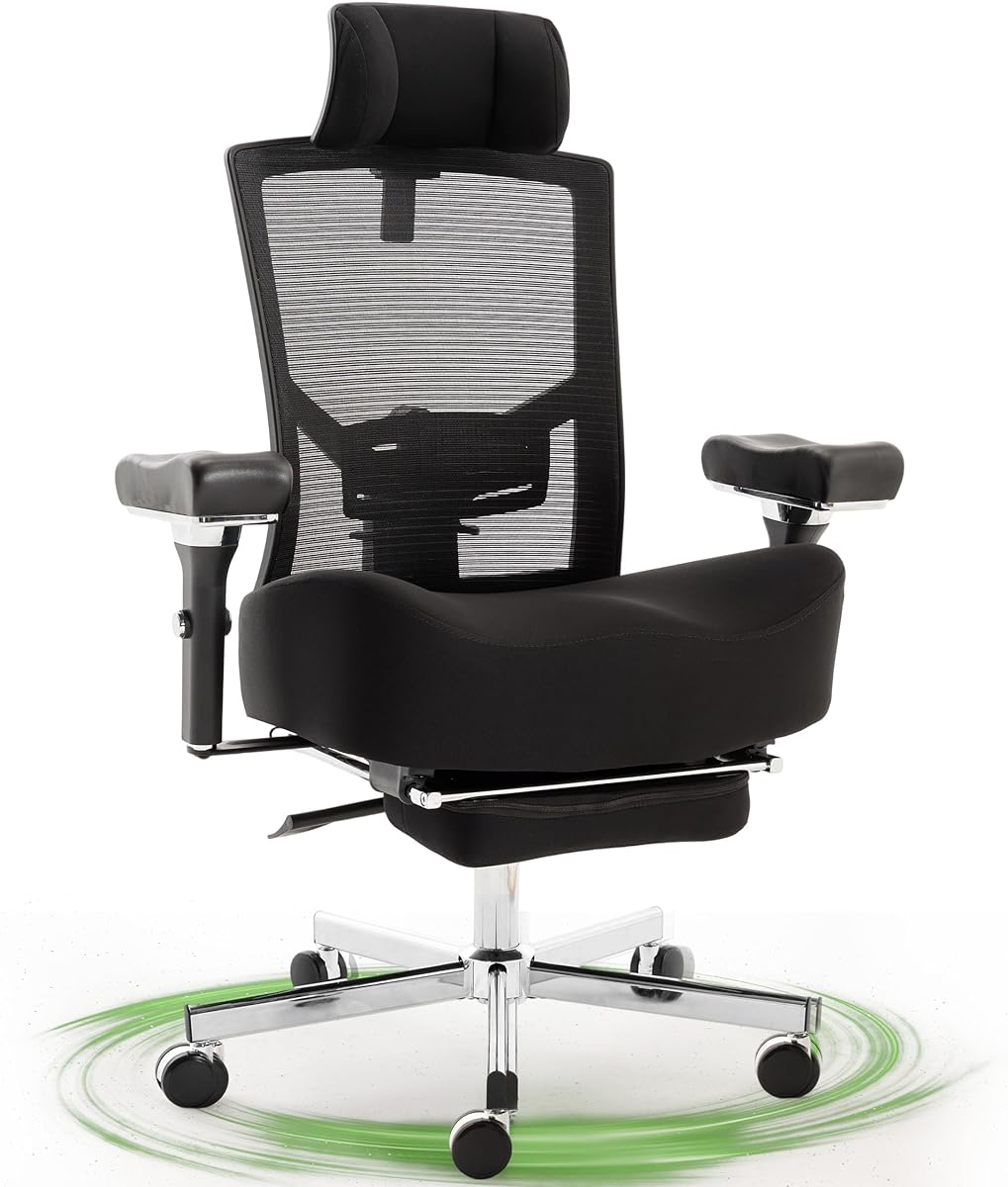 Big and Tall Office Chair 700lbs with Ergonomic W Wide Thick Seat Cushion, Oversized Mesh Desk Chair with Adjustable Lumbar for Heavy People, Computer Chair with 4D Armrest Footrest Headrest