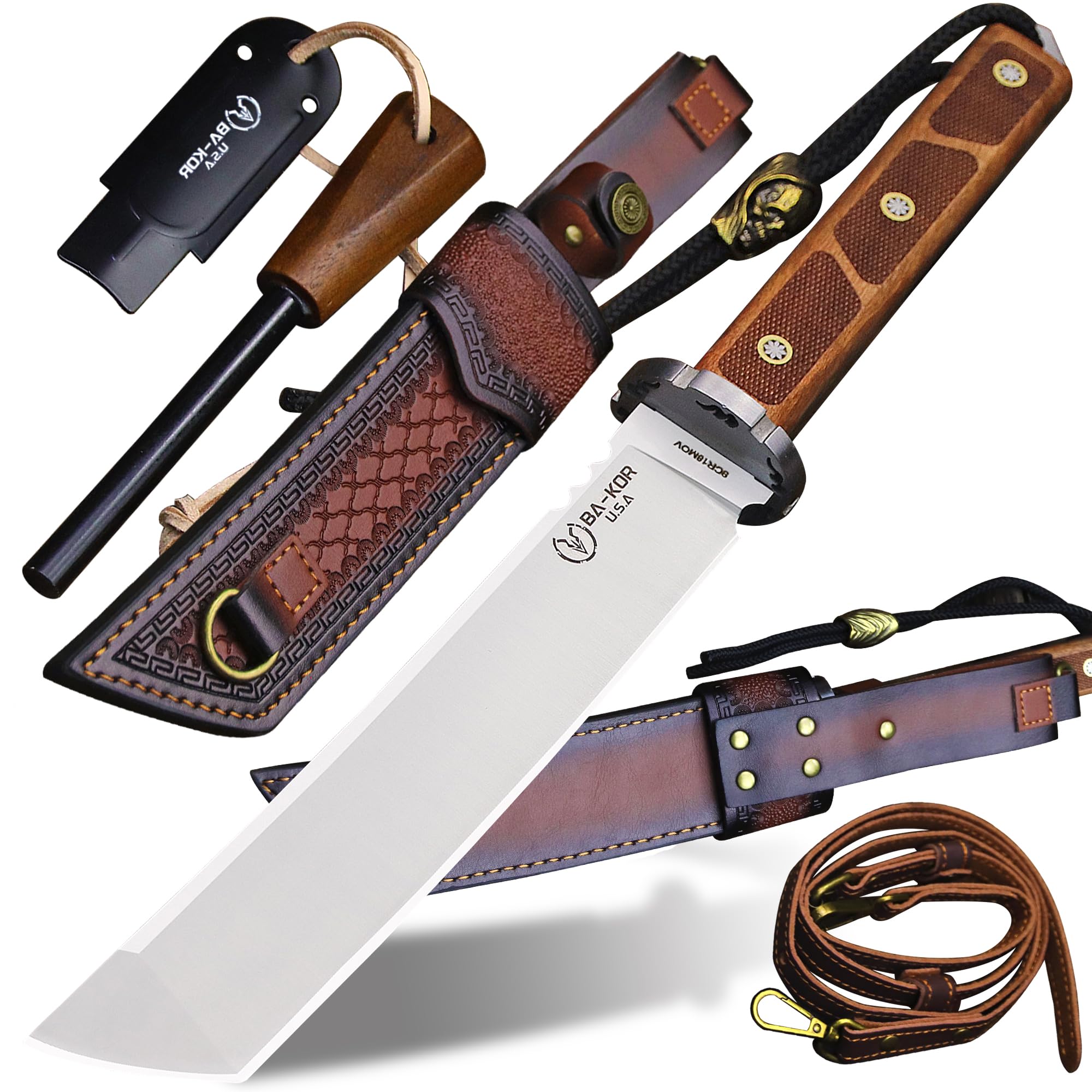 7mm 9CR18MOV steel (15.6IN) sandalwood handle full Tang fixed knife+scabbard+(single shoulder strap)&(5.9IN) cerium igniter, suitable for outdoor hunting, camping, survival, EDC tool knife