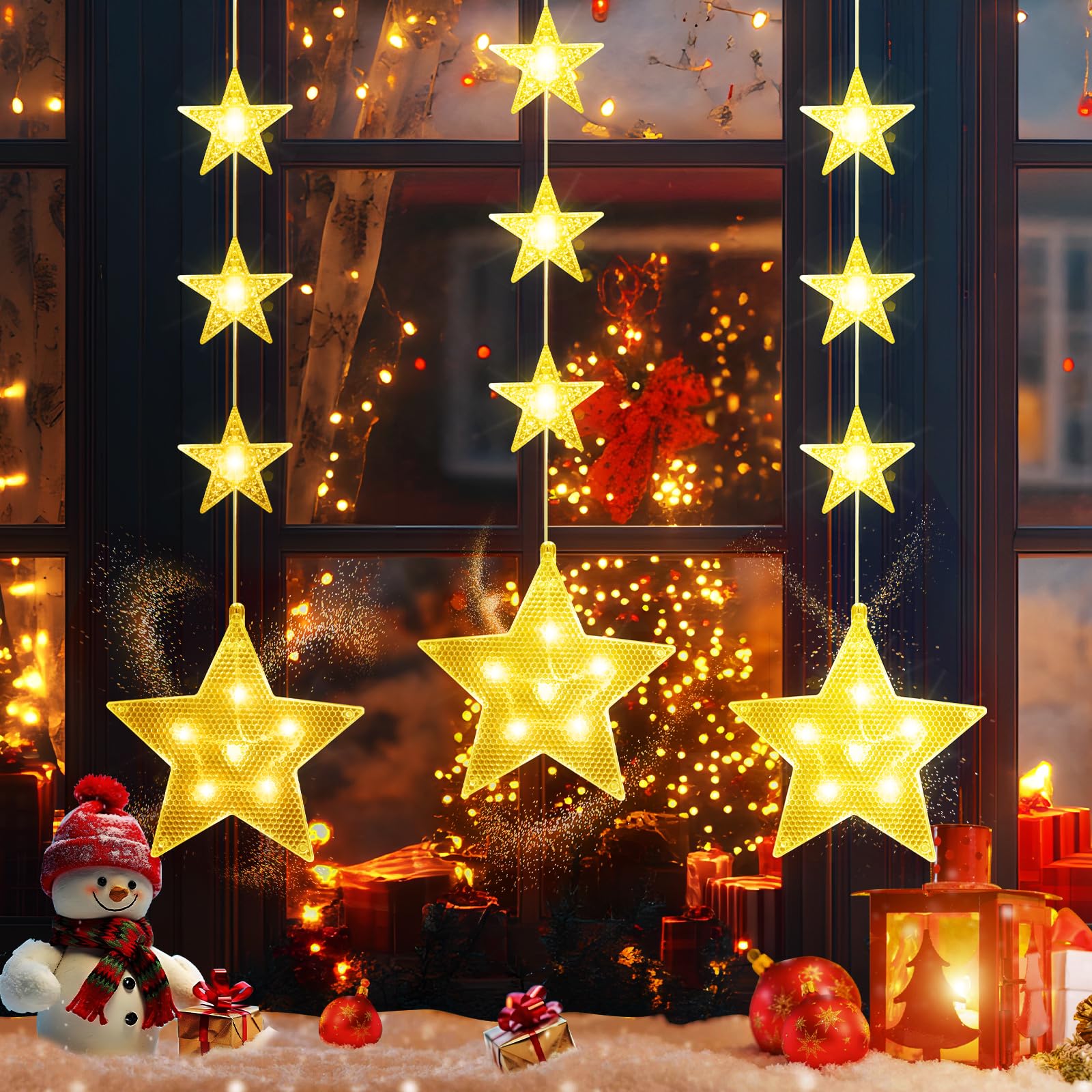 Vautvis Cortina De Luces Navidad, 3 Piezas Luces De Cortina Navidad De Estrella, Luces Con Pilas Decoracion Navidad, Cortina Luces Navidad Exterior, 3 Modos De IluminacióN, Decoracion Navidad Hogar