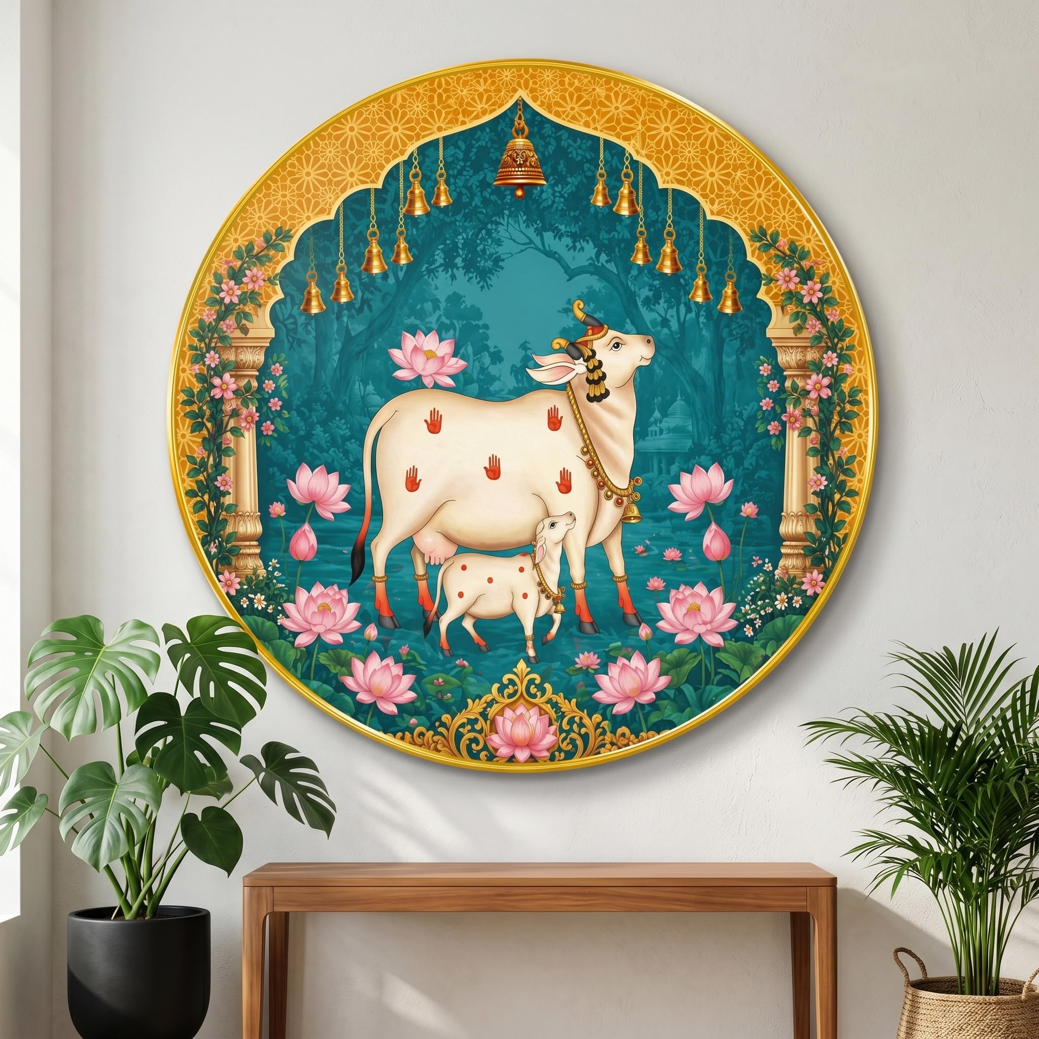 SAF Sacred Cow Calf Wall Painting Round PVC Golden Frame Kamdhenu Spiritual Art Lotus Temple Design for Living Room Bedroom Office Home Wall Décor (23 x 23 Inch) GR-404-image-33