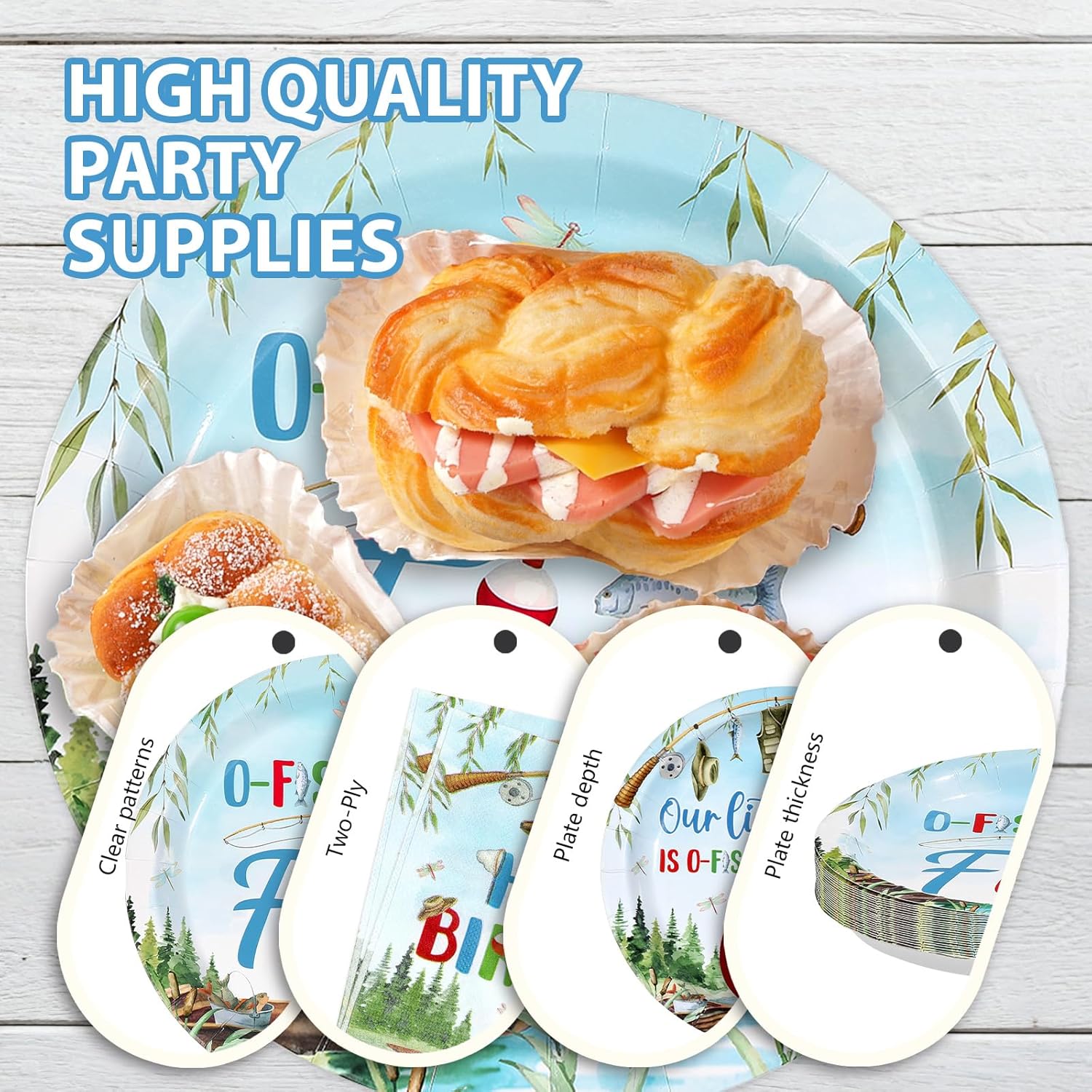 96Pcs Fishing 5th Birthday Party Decorations Gone Fishing Five Paper Plates and Napkins Ofishally Five Disposable Tableware Set for Fisherman Baby Shower 5th Birthday Party Supplies, Serves 24 - Image 6