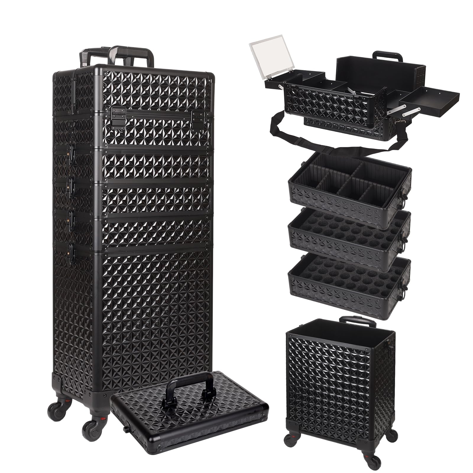 Kosmetikkoffer Trolley 6-in-1 Schminkkoffer mit Spiegel Schloss Großer Kosmetik Reisekoffer Make-up Organizer Schwarz