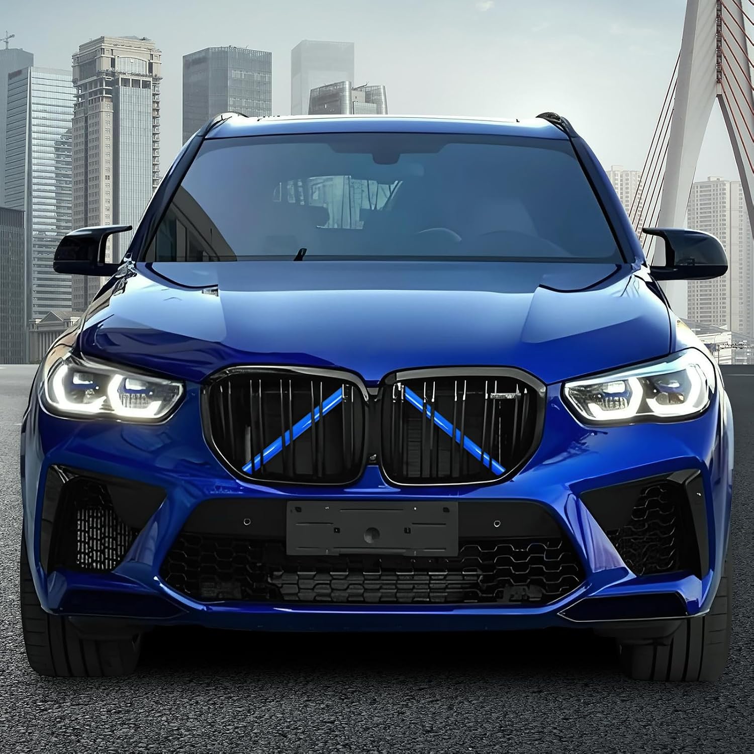 Compatible with BMW Grill Inserts Trims G01 G02 G05 G06 G07 F15 F16 F25 F26 E70 For X3 X4 X5 X6 X7 Series Compatible with BMW V Brace Wrap Covers Blue Grill Stripes Wrap Accessories