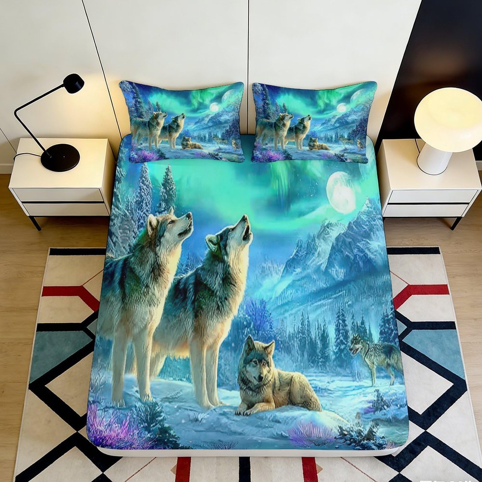 3D Printed Howling Wolf Aurora Fitted Sheet Microfiber Non-Slip Mattress Cover for Bedroom Guest Room Decor 100x200cm 180x200x25cm