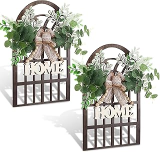 2 Pcs Rustic Window Frame Wall Decor 11 x 15.7 Inch Farmhouse Decor Wood Frame with Artificial Eucalyptus and Home Sign Home Hanging Fake Window Decoration for Bedroom Living Room (Brown)