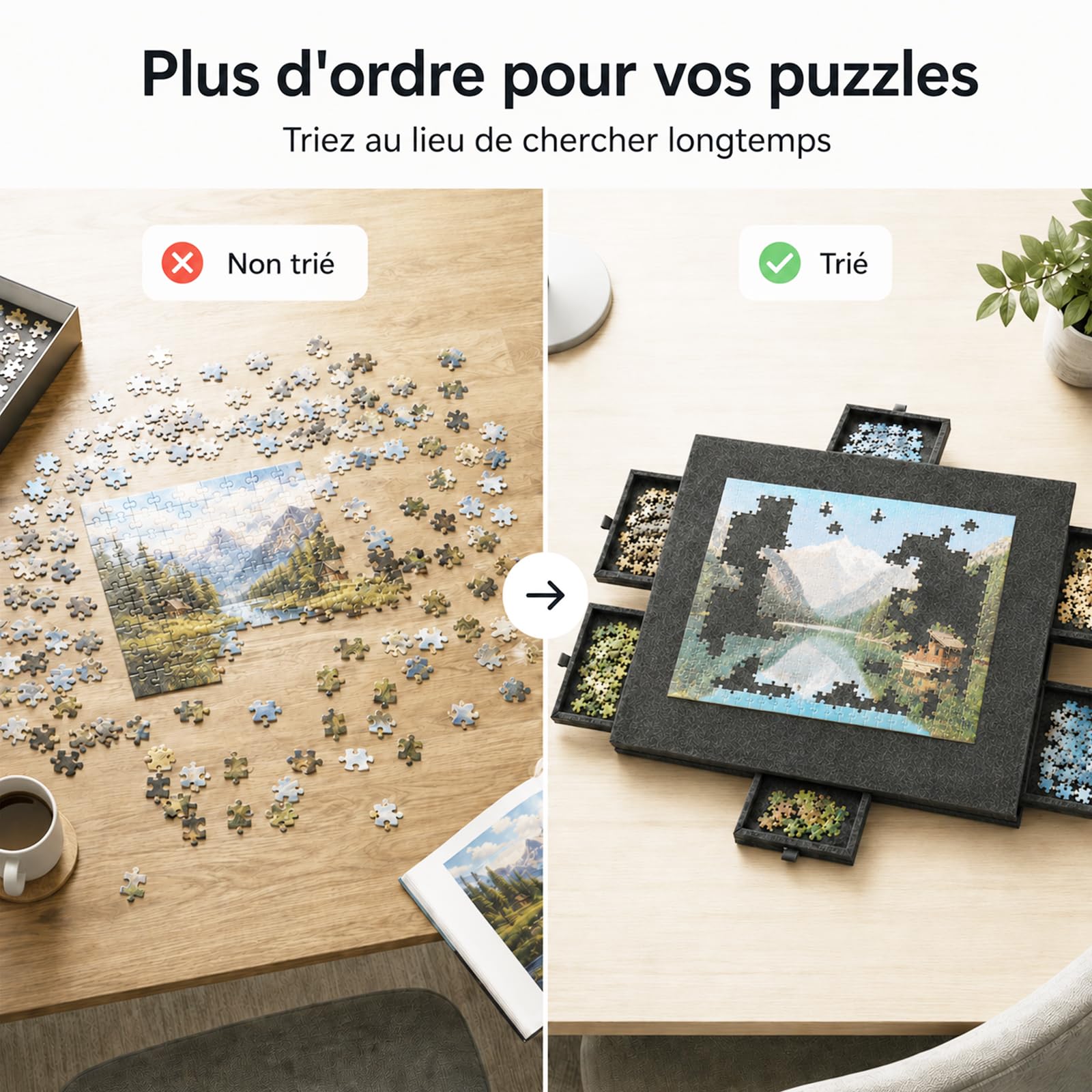 Planche à Puzzle en Feutre avec 6 tiroirs, Plateau à Puzzle inclinable avec Support 2 en 1 et Couvercle, Table de Puzzle Pliable pour Adultes, Portable, pour Puzzles jusqu'à 1000